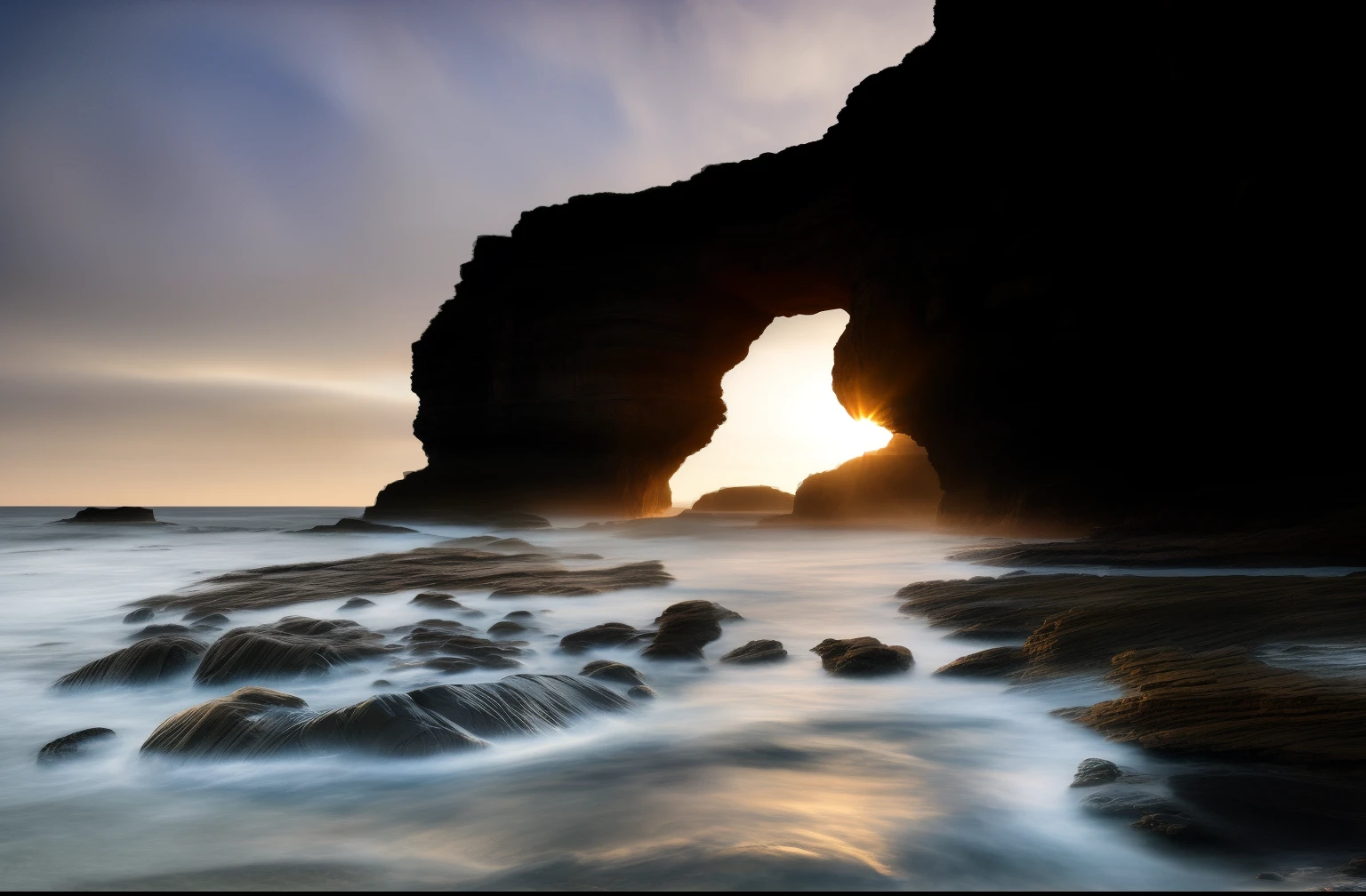 There is a huge rock formation on the coast, rock arch, amazing depth, Huge arches, Sunrise light, rock arc, Ocean and rocky landscape, Incredible depth, Stunning composition, A mystical environment, Marsden, portal to another world, Stunning shots, dramatic morning light, dramatic scenery, Alexander Robertson, Sunset sun, sun light, rising from the ocean,handpainted,aquarelle