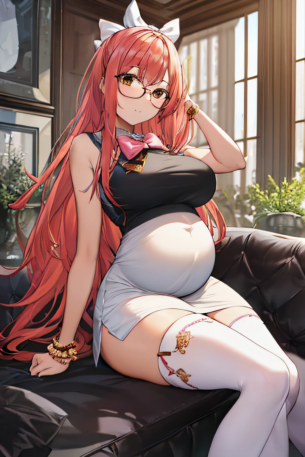 (Best quality, detailed clothes, detailed body, detailed hands) A full body image of a pregnant girl with pink colored hair, long hair, orange eyes, long legs and a big belly, She's wearing a white crop top, a white mini skirt, glasses, a hair bow, black thighhighs and black shoes, She's sitting on a sofa.