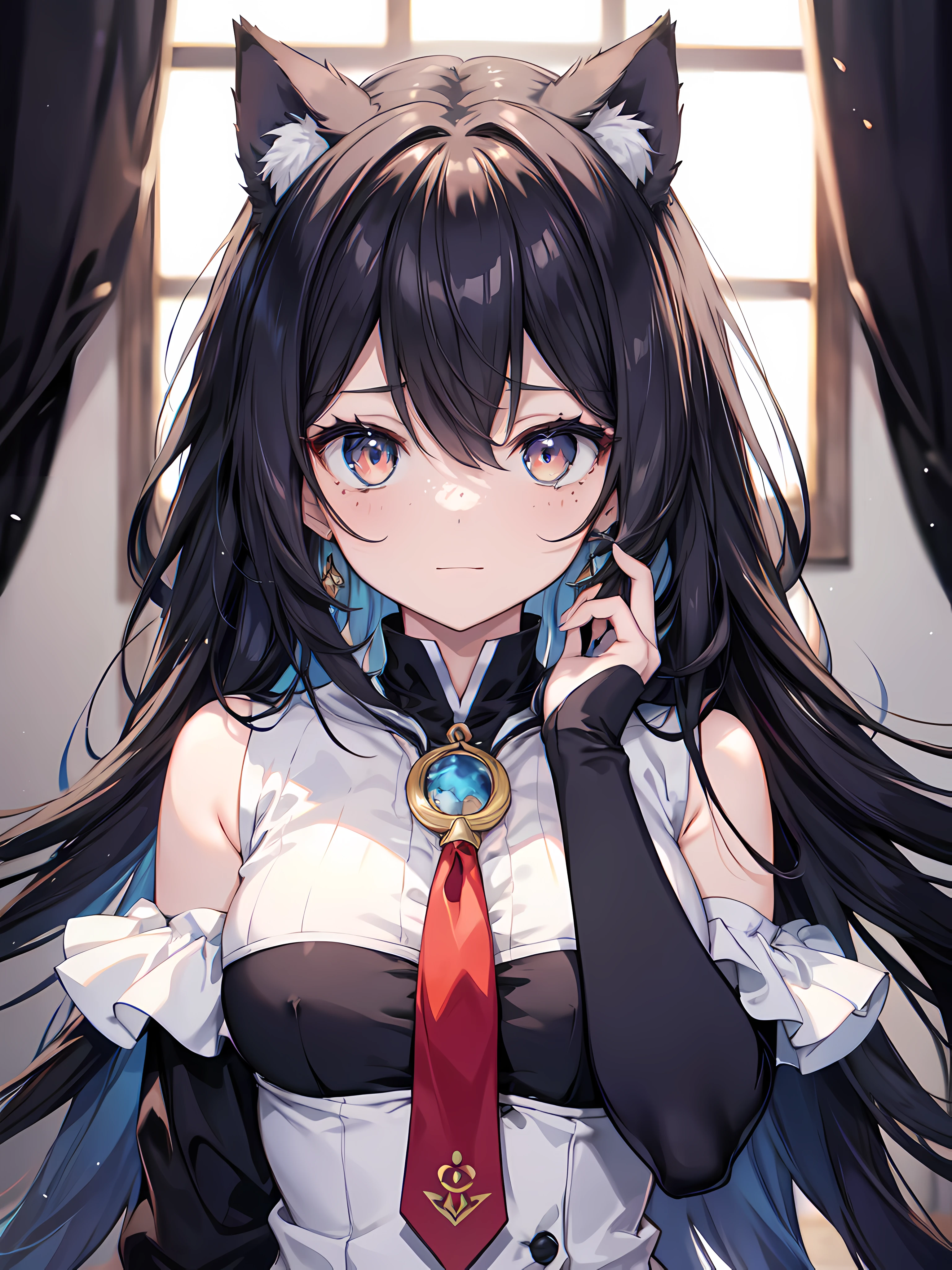 masterpiece, best quality, {best quality}, {{masterpiece}}, {highres}, focus, anime style, a closeup of a cartoon of a woman, girl design, portrait, giesha, anime image, long hair, cat girl, black hair, straight eyes, hair covering ears, polished and powerful look, exotic, tall, freckles, cheerful, classic clothing, colorful, colors