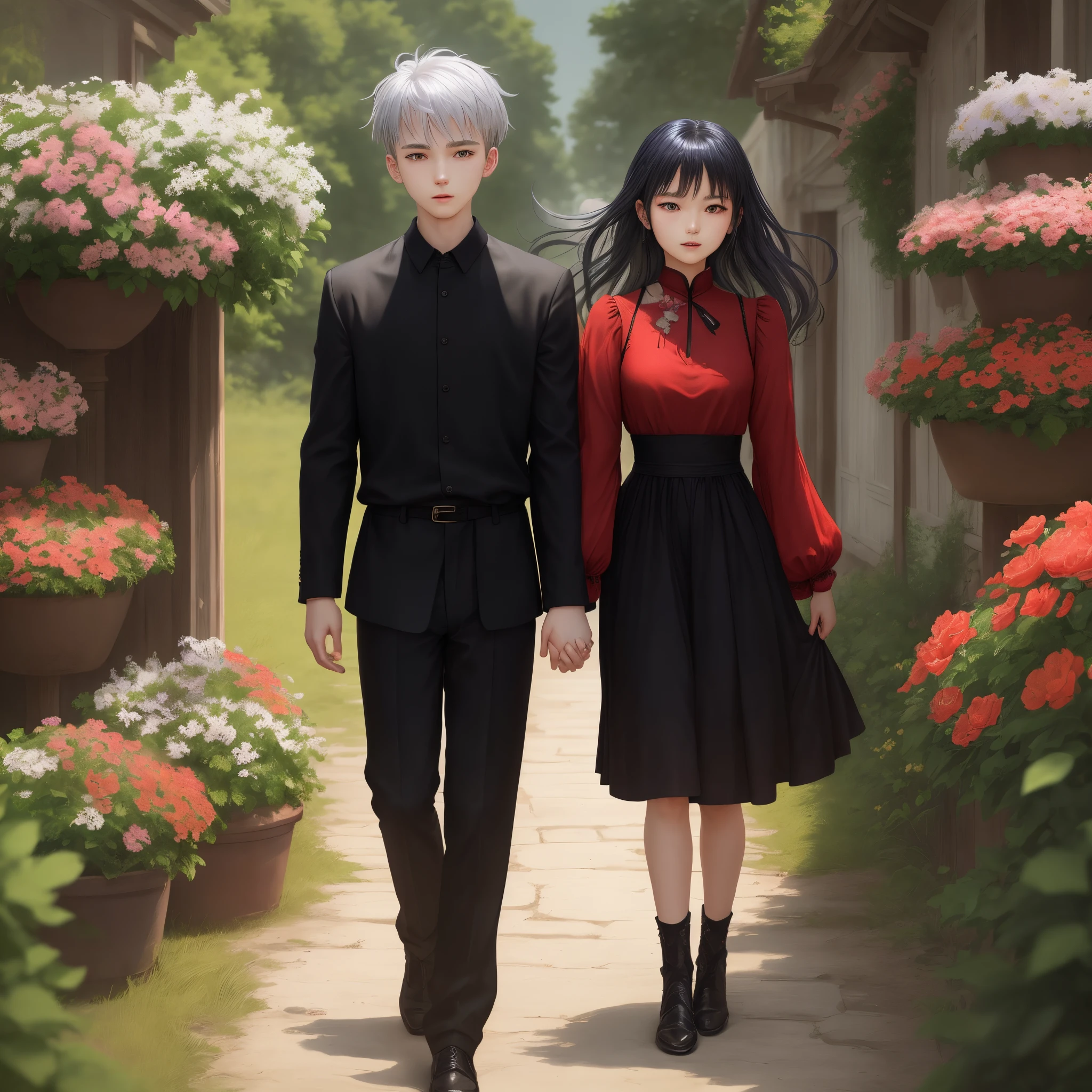 ancient wind,Girl in red dress with silver hair,With a red fan;Boys in black clothes and black hair,sabre;Flowers on the other side of the surroundings,The two held hands