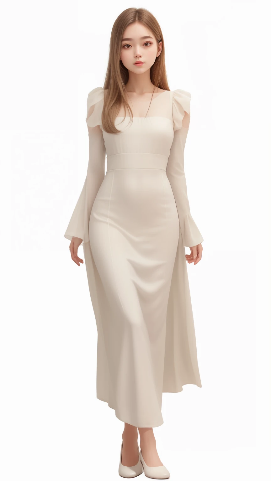 (best quality), big head, araffe dressed in a long dress and white Flat shoes , inspired by Galen Dara , long dress female , Light Brown Hair , Korean , White Pale Skintone,simple cream dress, Elegant , Korean, Details , UHD , 8K