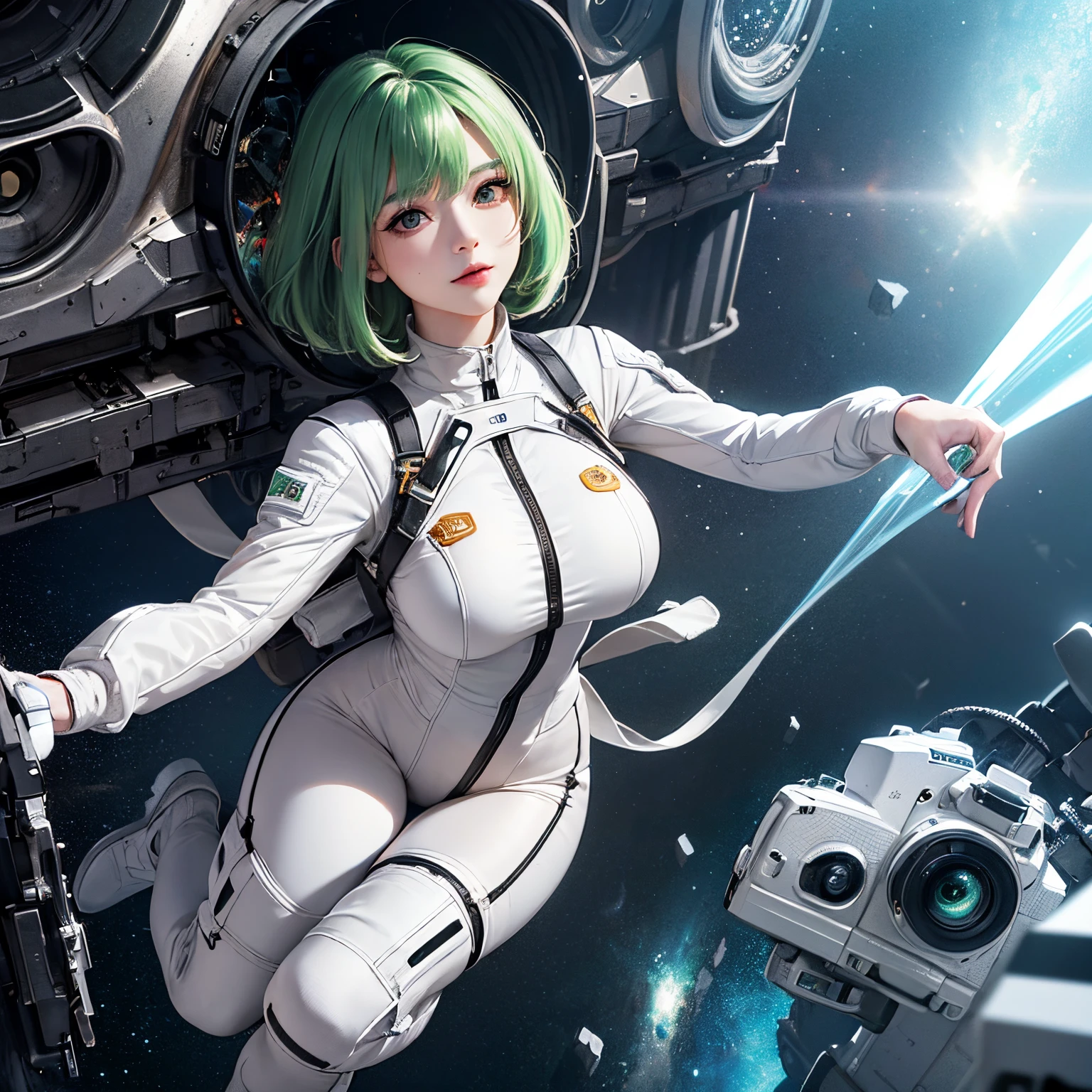 (Highly detailed: 1.2), (Canon EOS R6 Top Quality: 1.2), Detailed face, (award - winning photo: 1.2), ( ultra-detailed hair: 1.2), (Full body: 1.2), RPG, Dramatic Lighting, (Summit of Mt), (scientific fiction: 1.2), professional portrait photo, ((Green Color Hair)), short-hair, Shiny hair, Wet hair, Mole under the eyes, Heart-shaped pupil, Gradient Eyes, ((grin)), Cinematic lighting, reflective light, One-person viewpoint, three sided view, Textured skin, Super Detail,((Shiny white clothes)),((space suits)),