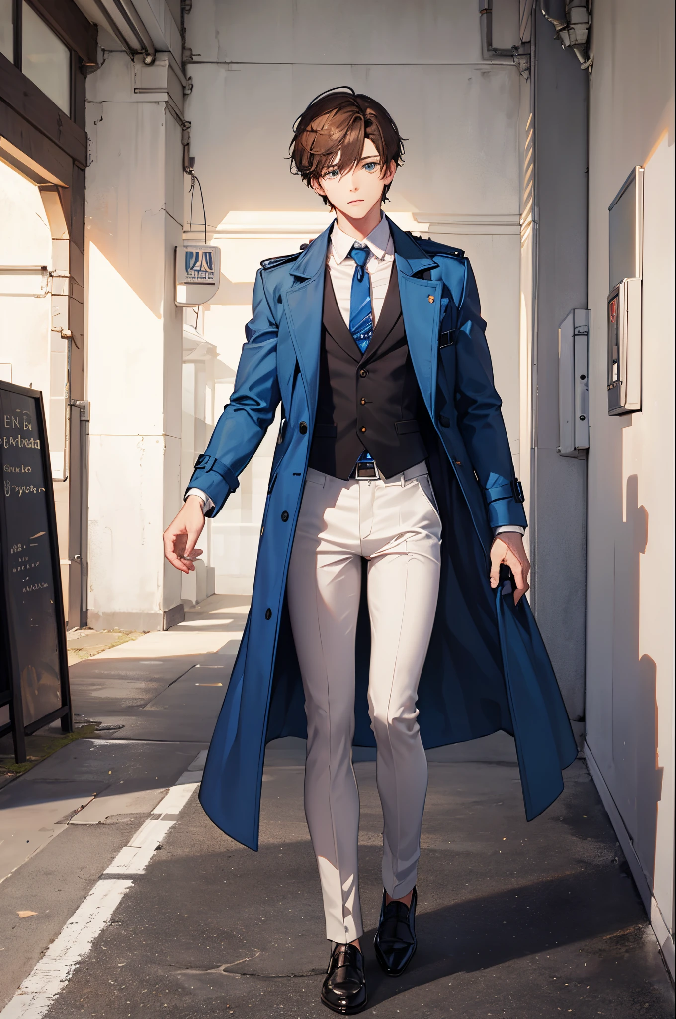 1man, short brown hair, blue eyes, blue trench coat, white pants, black shirt, tie, vest, standing on ground, high res, ultra sharp, 8K, masterpiece