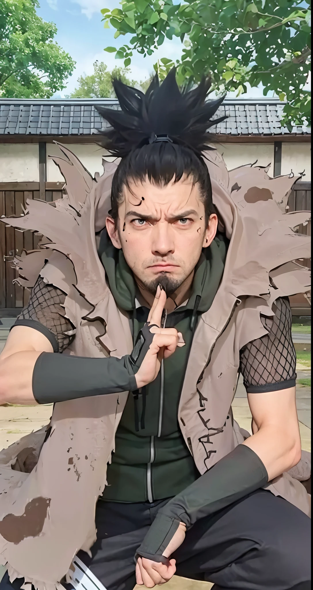 Real life adaption of this character , very adult man face , angry expression,realistic same hair ,(realistic same outfit), realistic background , realistic light, realistic shadow, realism, hyper realistic,(photorealistic:1.2), normal small eyes,