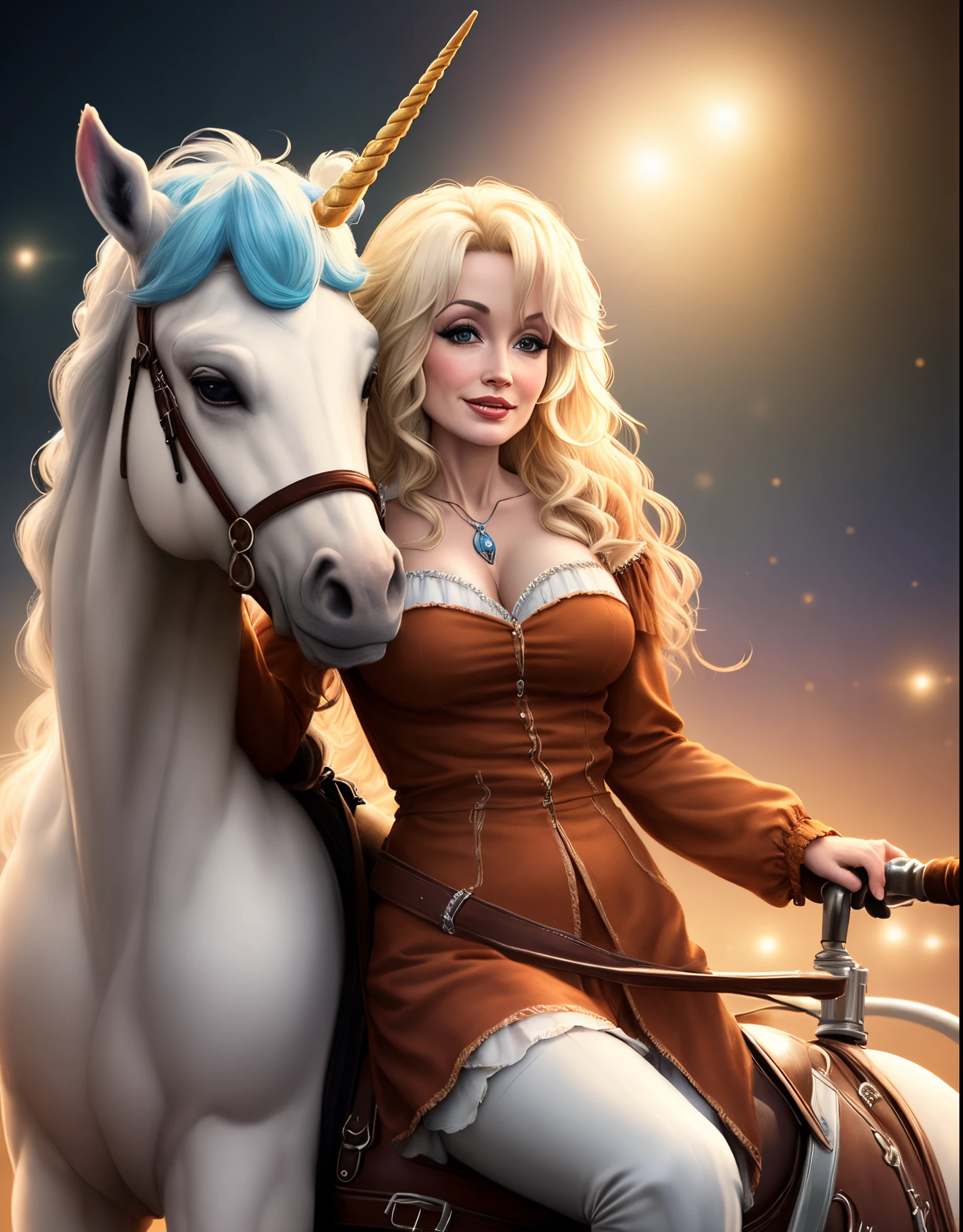 Dolly Parton riding a unicorn