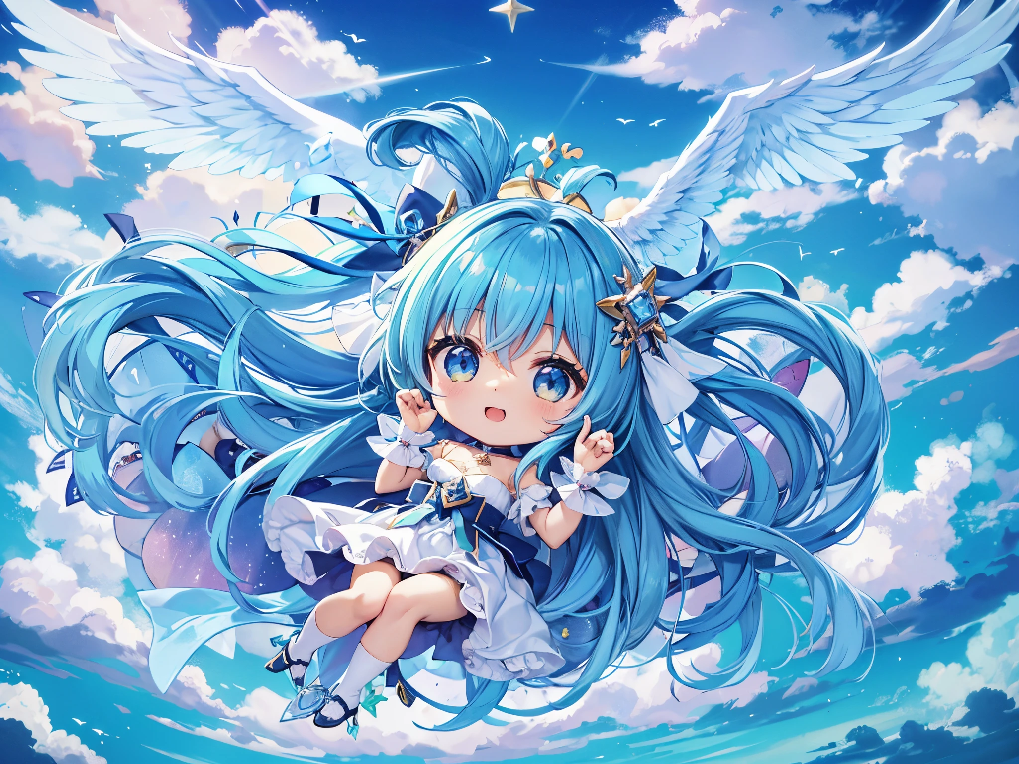 Cute Chibi Characters With large iridescent angel wings、Flying in the sky、long hair with blue hair((Chibi Chara))、Fluffy、girl with、Chibi Chara、full body Esbian、Pastel colors hair、masutepiece、top-quality、Large in the center