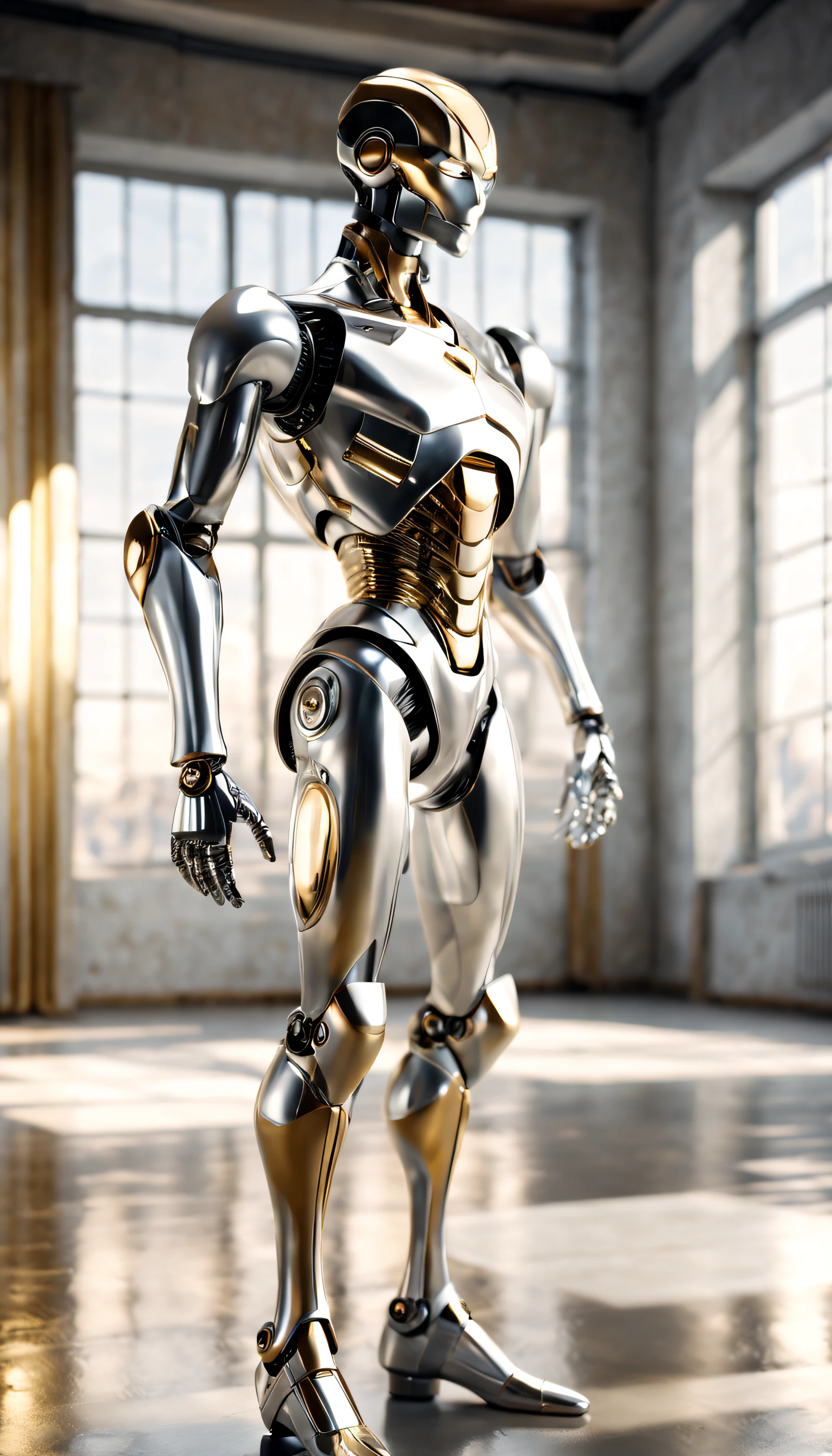 detailed shot of a fragile male robot, completely mechanic creature, made of highly polished silver, platinum and gold, wearing a white tuxedo, in a beautiful ballet pose, in an empty room with large windows through which warm light enters, 16k, UHD