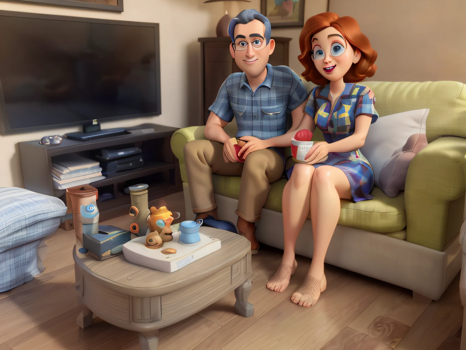 cartoon couple sitting on a couch in a living room with a coffee table, pixar renderman render, pixar 3d render, pixar 3 d animation style, pixar and disney 3d style, pixar render, pixar portrait 8 k photo, pixar cartoon style, disney pixar 3d style, pixar 8 k photo, pixar art 3d, cartoon pixar style