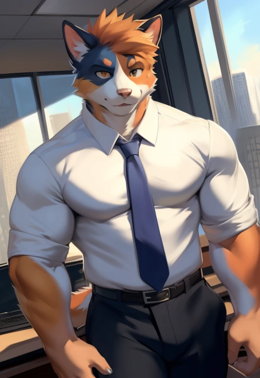 Caracal, good looking, male, anthro, ultradetailed, muscular, solo, bareness, rippling muscles, muscles, office background, tail, smile, big pecs, looking at viewer, white t-shirt, tie, jockstrap, bara, big butt, big muscles, side view,