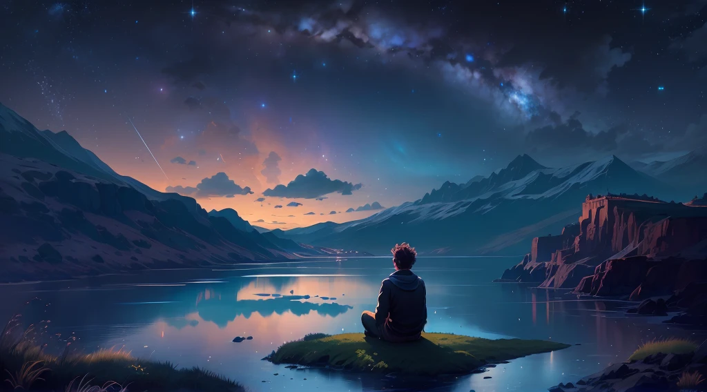 Night view under the starry sky: imagine uma paisagem noturna, A solitary man finds himself in the midst of a vast expanse of unspoiled nature. The sky is full of bright stars, How the Milky Way stretches majestically above. Character sitting on a cliff, distant horizon orlando, Reflecting on his loneliness.
