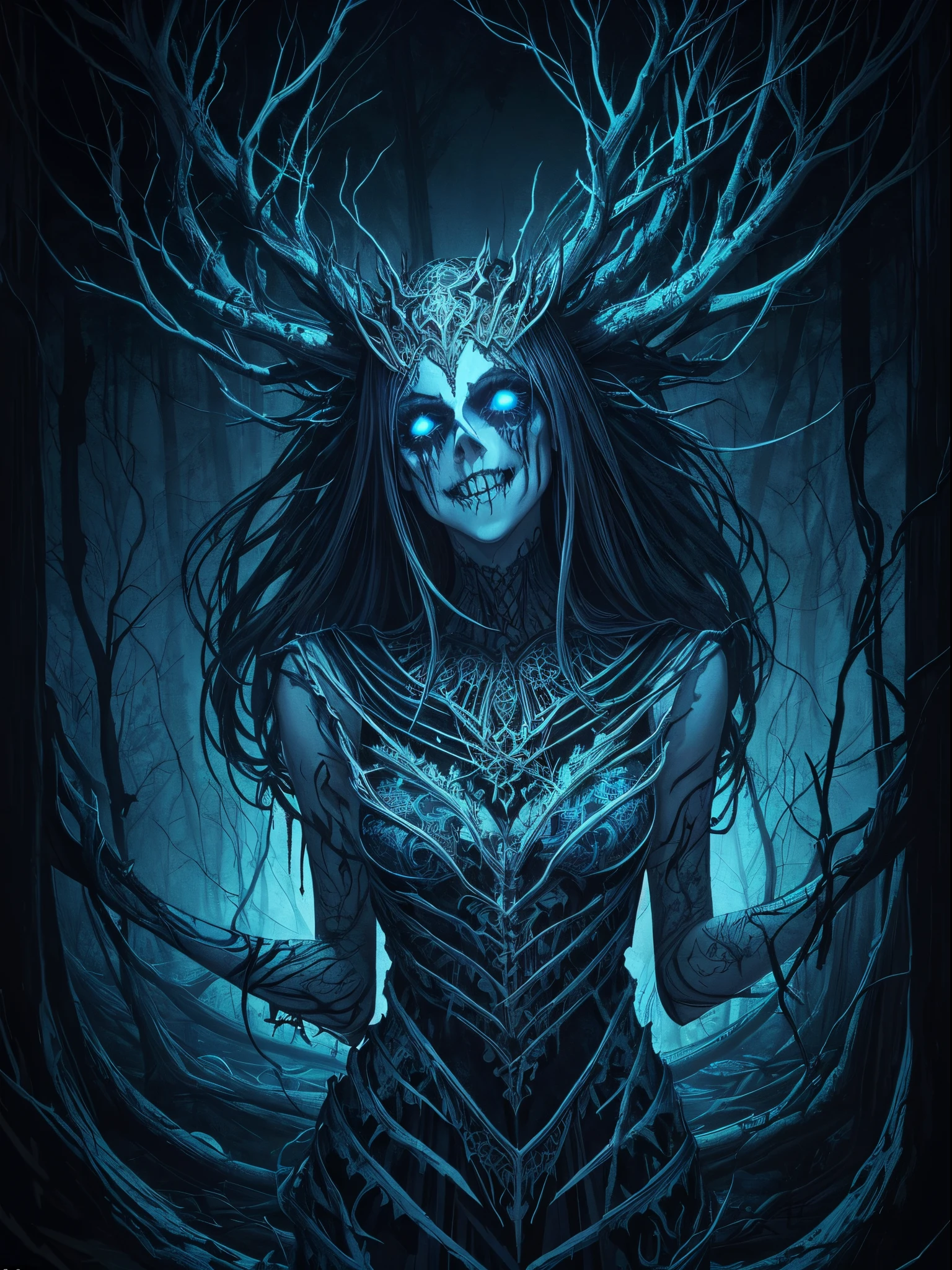 (masterpiece, best quality: 1.4), (beautiful, perfect, subtle, detailed, intricate, aesthetic: 1.2), (horror art: 1.2), (Apter style: 1.4), chilling abstract image, dark forest goddess, skeletal outline  through peeling flesh, visible veins pulsating with an eerie blue light, dressed in a dress woven from cobwebs and decorated with crawling worms, an evil grin revealing rows of razor-sharp teeth, the embodiment of primal horror, subdued lighting, perfect shading,