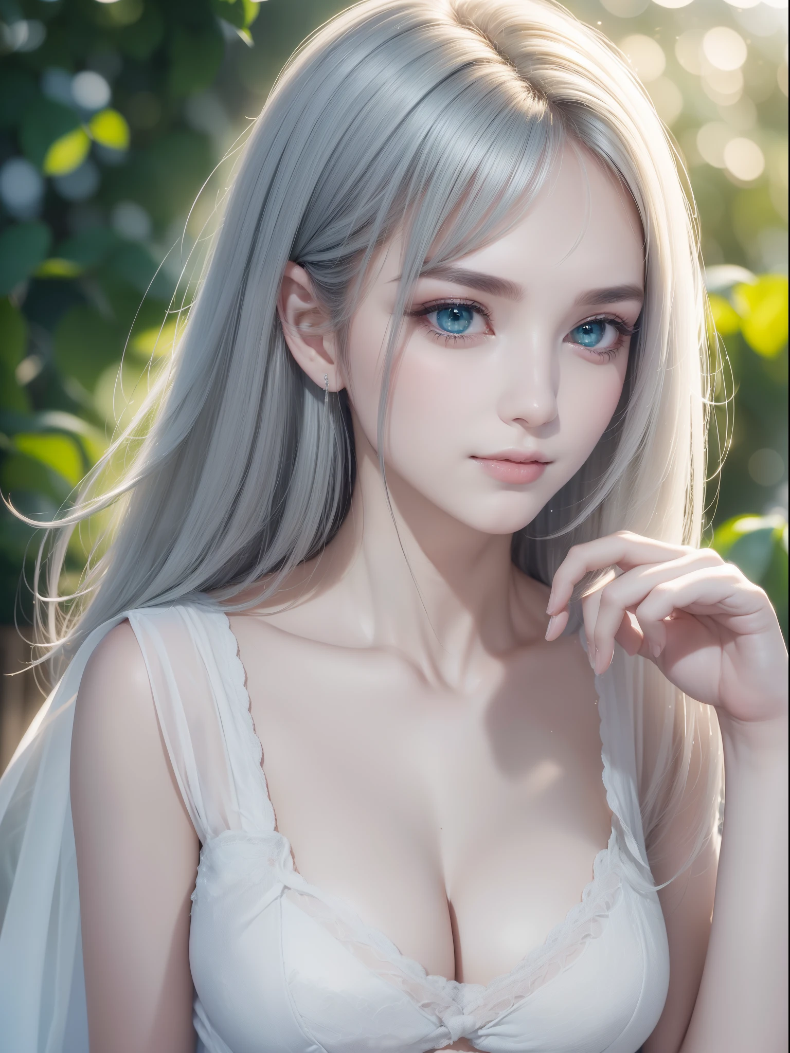 (Best quality at best:1.5), (Beautiful CG), (A high resolution:1.5)、The face sticks out from the photo、Green eyes、sapphire green eyes、Gloss on lips、Eye gloss、Raise the corners of your mouth and smile、open your mouth slightly、Round and big eyes、Silver short bob hair、The background is the universe