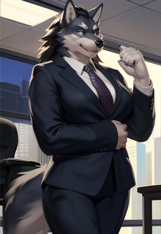 Female, anthro, ,kemono, (wolf),grey body, business suit, Office,half length portrait, black mane, by zackary911, chunie, meesh, kiyosan, detailed background