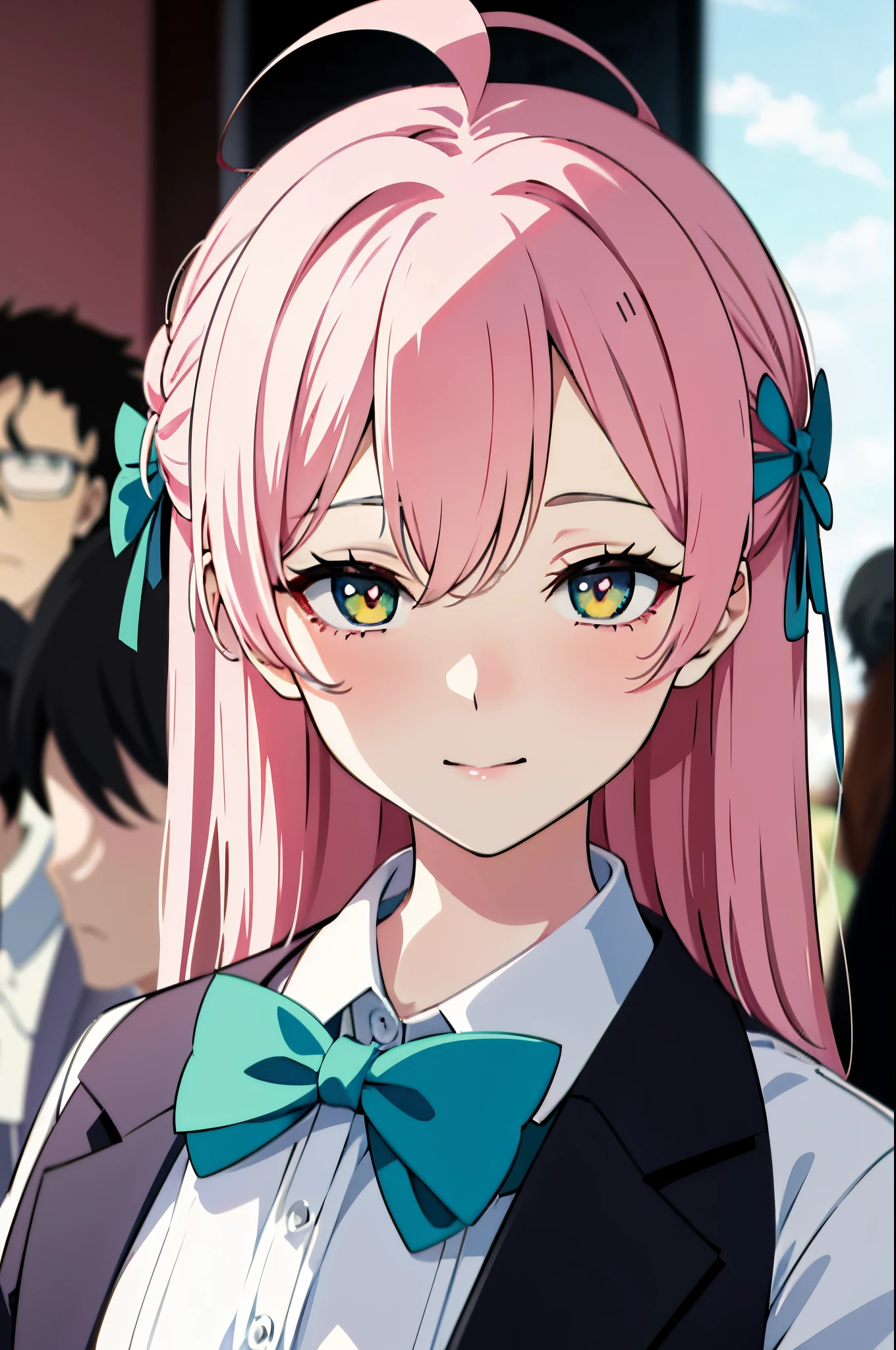 Close-up of a woman wearing a bow tie and suit, anime visual of a cute girl, Anime moe art style, saori, extremely cute anime girl face, (Anime girl), cute anime face, An anime girl, Cute natural anime face, cute anime girl portraits, Anime style portrait, Cute anime girl portrait, a beautiful anime portrait, pretty anime face