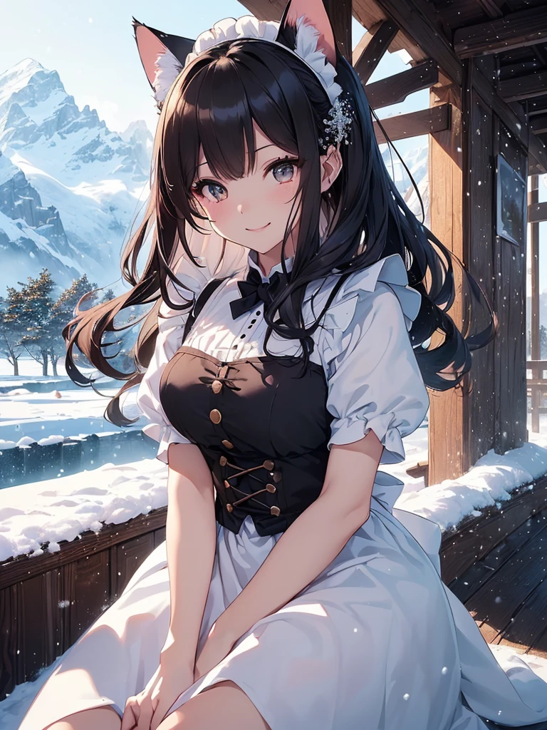((tmasterpiece:1.4,Best quality at best))+,(hyper-detailing)+,(詳細な目:1.5)+,(Brown fox ears:1.5),(cute girls),(teal eyes:1.5),A brown-haired,Low double ponytail,(wariza:1.2),pale-skinned,Seductive smile,black crystal block,Red crystal on forehead,(White maid outfit:1.5),(black ribbon,White stockings,White apron,a white long skirt:1.4),dense fog,metal chains,golden silk gloves,Snow resort,tropical garden,Lift the skirt and twirl it,(Classical maid:1.1),(dawn light:1.2),(Thick black and white:1.16),(Close-up cleavage:1.1),(elevation perspective:1.3)