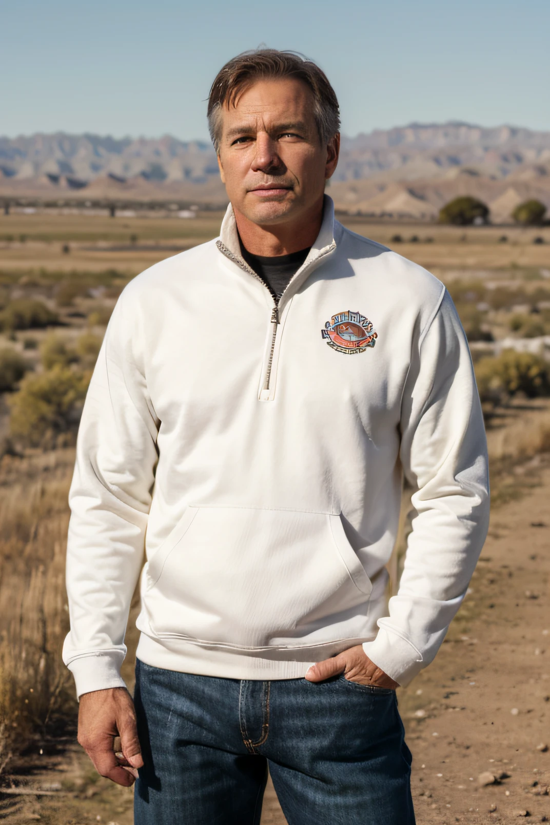 A 50-year-old strong Caucasian American man.，Wear a white half-zip sweatshirt，In the plains of the western United States