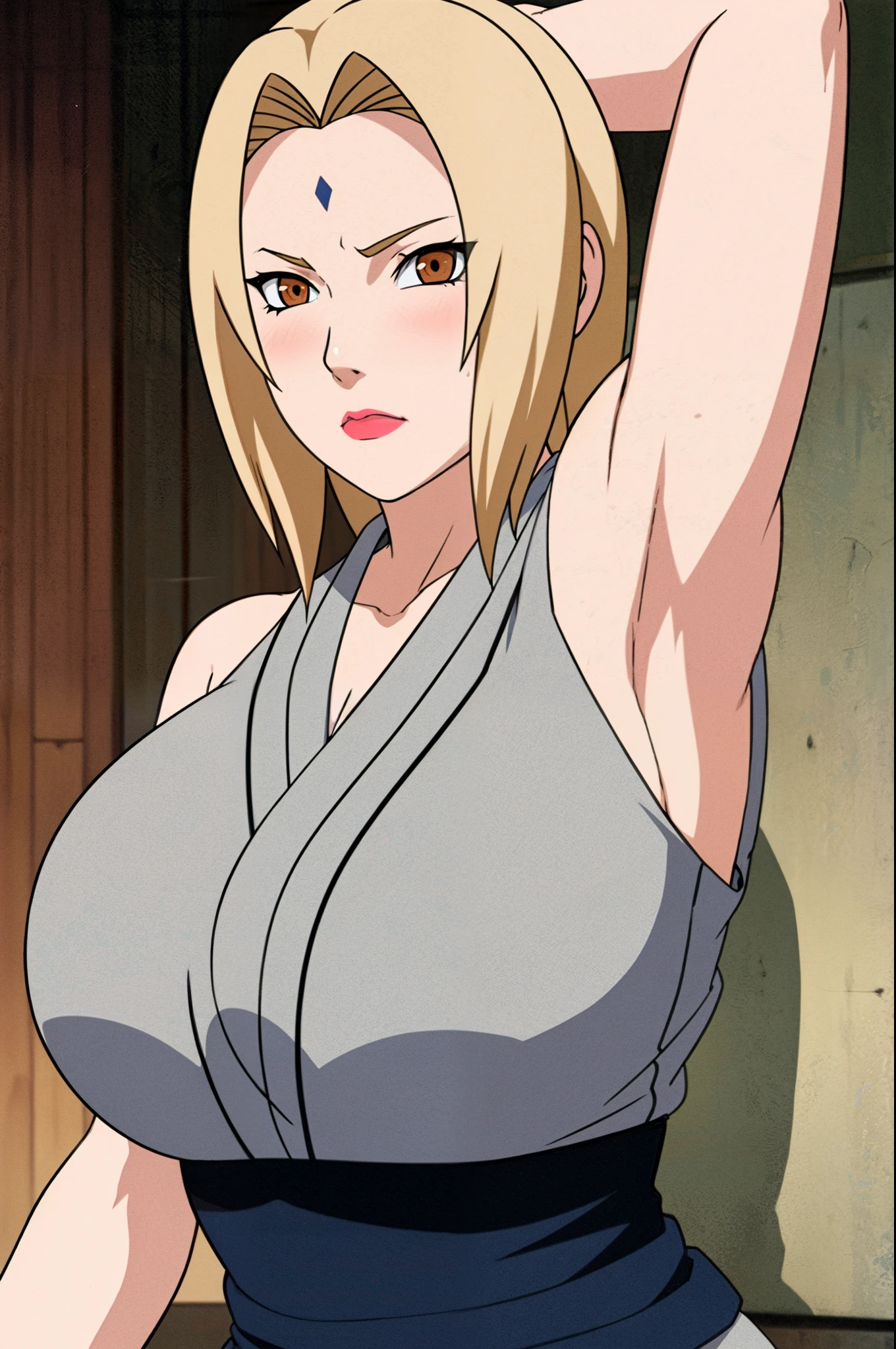 masterpiece, tsunade, large breasts, sleeveless, bare shoulders, solo, 1 girl, shaved armpits, absurdres, detailed, ultra hd