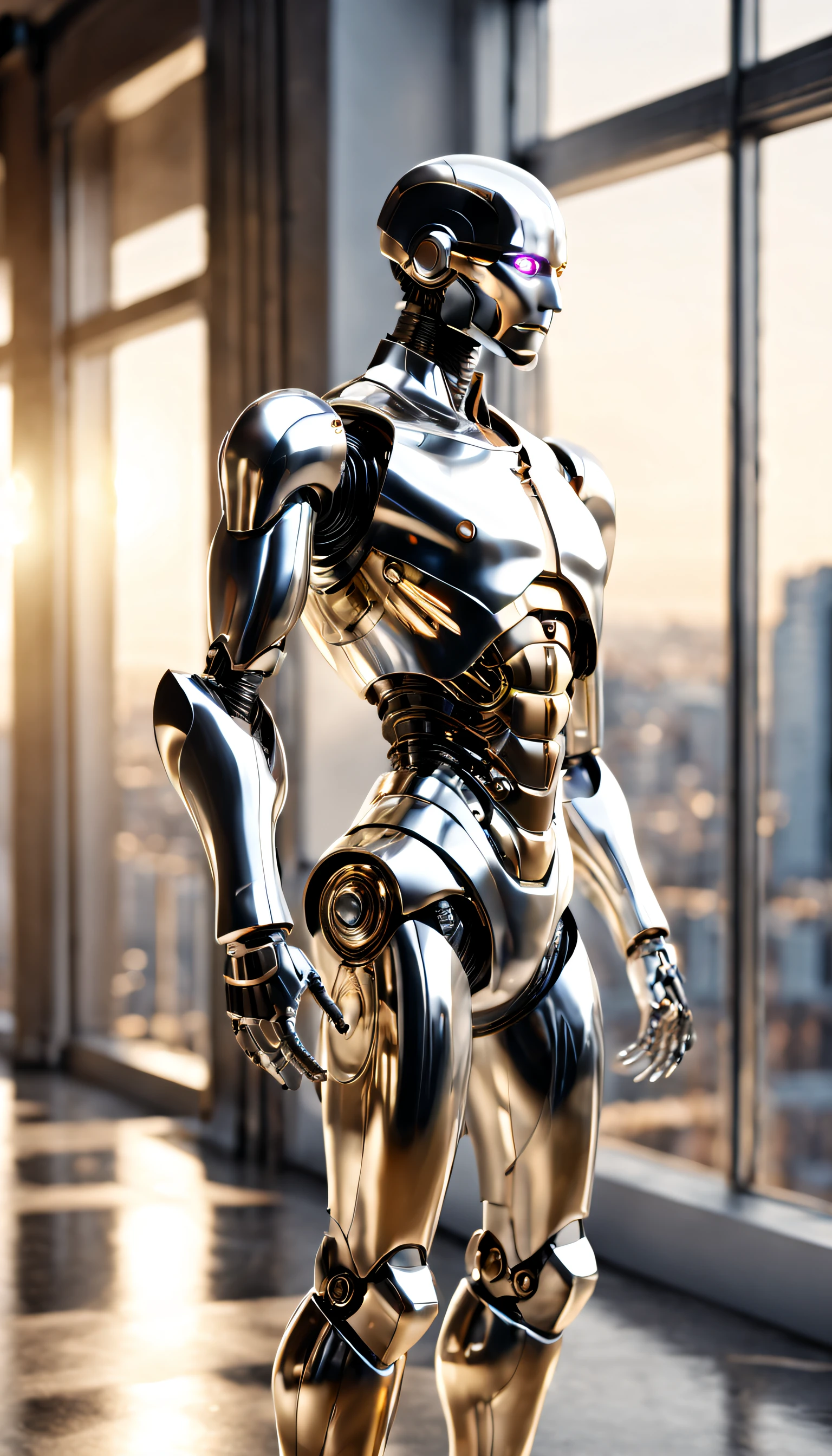 detailed shot of a fragile male robot, completely mechanic creature, made of highly polished silver, platinum and gold, wearing a white tuxedo, in a beautiful ballet pose, in an empty room with large windows through which warm light enters, 16k, UHD