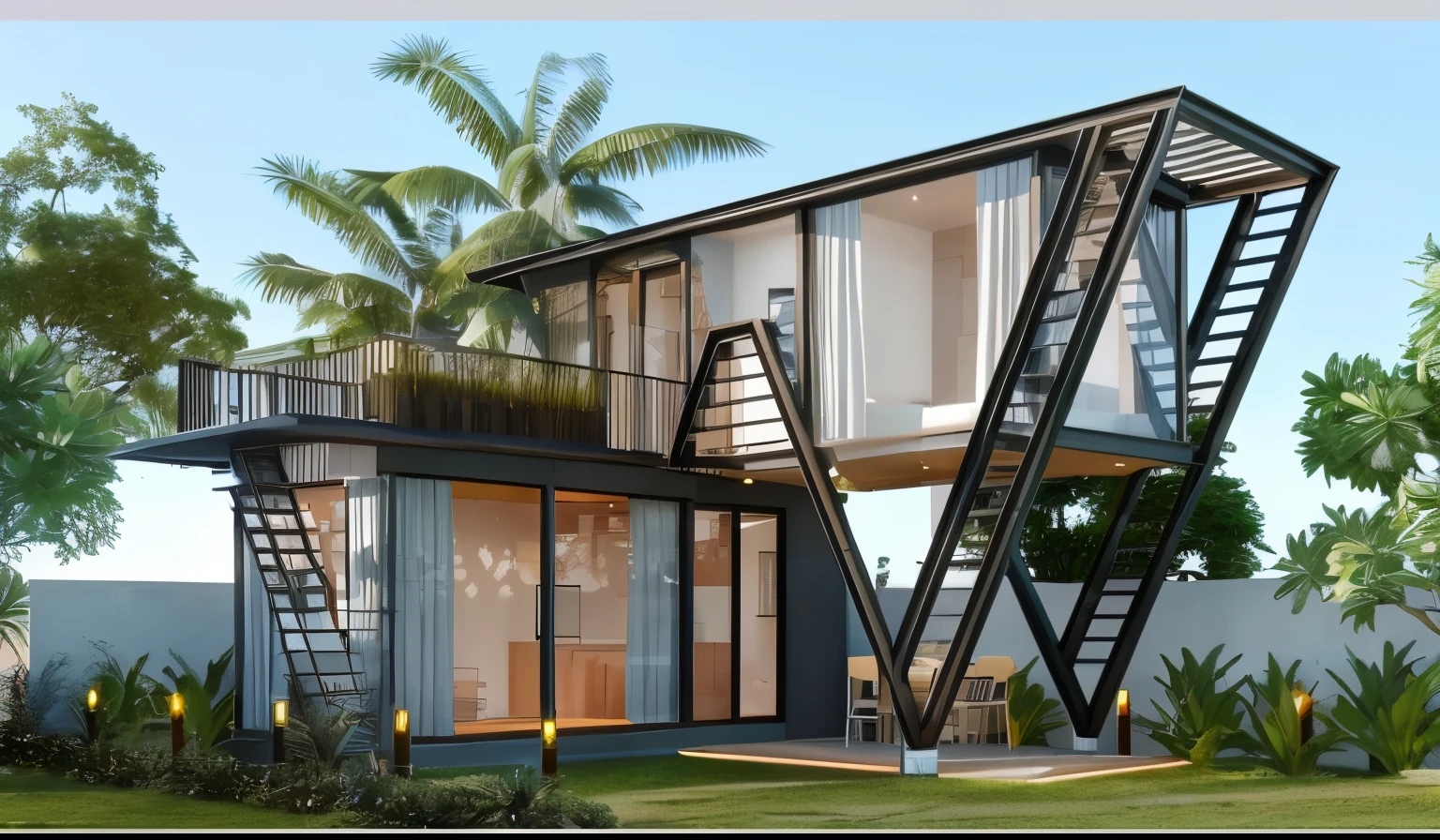 Organic modern architecture on a fairly large plot, There is a swimming pool in the middle of a large one-story house, cor da casa em vigas marrom chocolate e preto, large modern residence, telhados planos e jardim, render luxcore, render oktane, a photorealistic rendering, architectural render, mantra rendering, architectural render, realism rendering, architectural visualisation, piscina de bem-estar, architectural visualisation, grandes zonas verdes, com pequenas zonas de flores de lavanda, arbustos verdes tipo exuberante jardim verde, swimming pool embedded in an area of sand, oliveiras e pinheiros ao redor da casa,