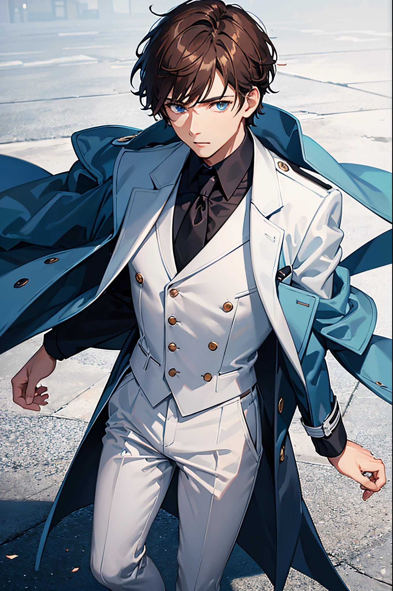 1man, short brown hair, blue eyes, blue trench coat, white pants, black shirt, tie, vest, standing on ground, high res, ultra sharp, 8K, masterpiece