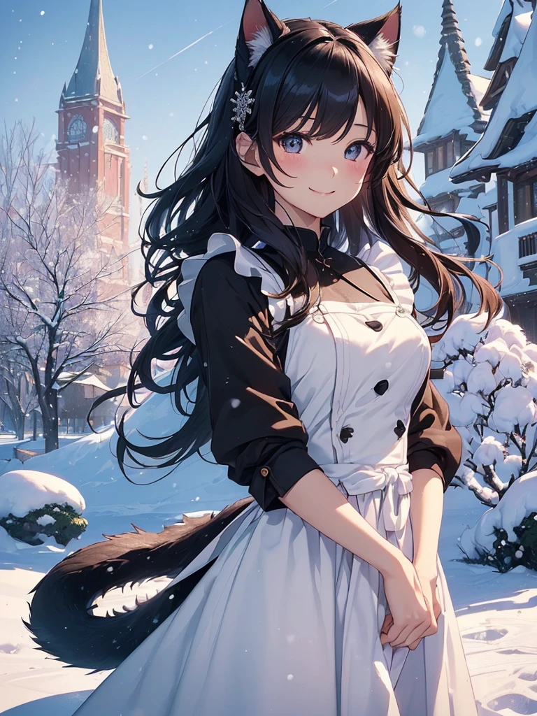 top-quality、Top image quality、masterpiece、The season is autumn、girl with((28 year old、Best Bust、big bast、Bust 90,Beautiful eyes、,Long Black Hair、Cat's ears、A slender、long tail、Beautiful maid clothes、Katyusha、maid dress、a closeup、snow board、skill、in snow mountain、hiquality、Beautiful Art、masutepiece、visualart、depth of fields、、 、low angles、A sexy、light magic、Happy smile、snow board🏂