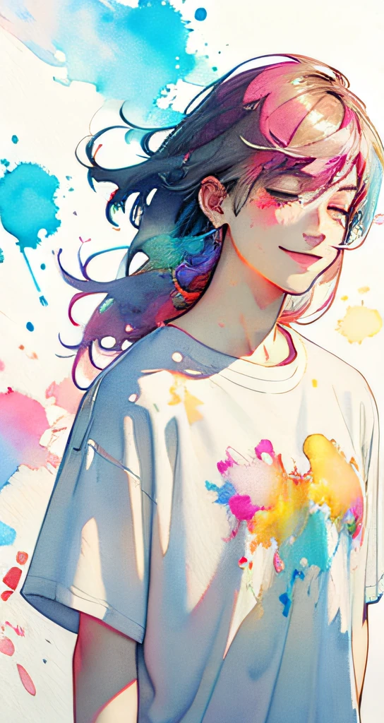 Splatter backgrounds and spray paint effects, by Adam Hughes, White t-shirt and jeans shorts, Upper body center, multi color hair, Closed eyes, Big happy smile, Watercolor art, Watercolor painting, watercolor painting style, watercolor detailed art, watercolor digital painting, Watercolor Paint, Superbly detailed watercolor, Watercolor art,A Japanese Lady,18year old, Long hair,