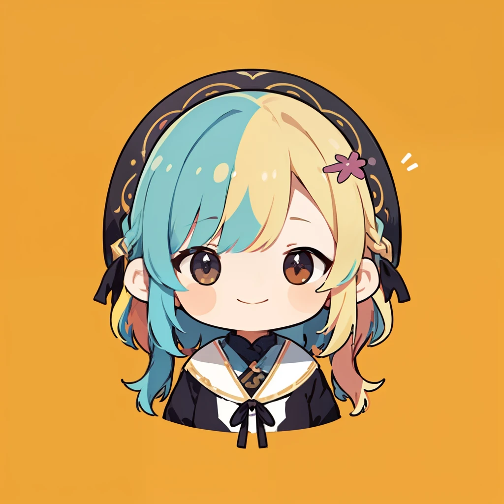 超A high resolution, nffsw, Best aesthetic, Best Quality, masutepiece, Flat Avatar, Perfect litthing、(colourfull、vivd colour: 1.4)、outside of house、Has iridescent hair, They are in love and shy.Girl with shining eyes with cotton candy, A smile, hair adornments, Chibi, simple background, Yellow hair, 耳环, X Hair Ornament, jewely, side locks, large oval eyes,Flat Avatar, A smile, head shot, simple background, A dark-haired,