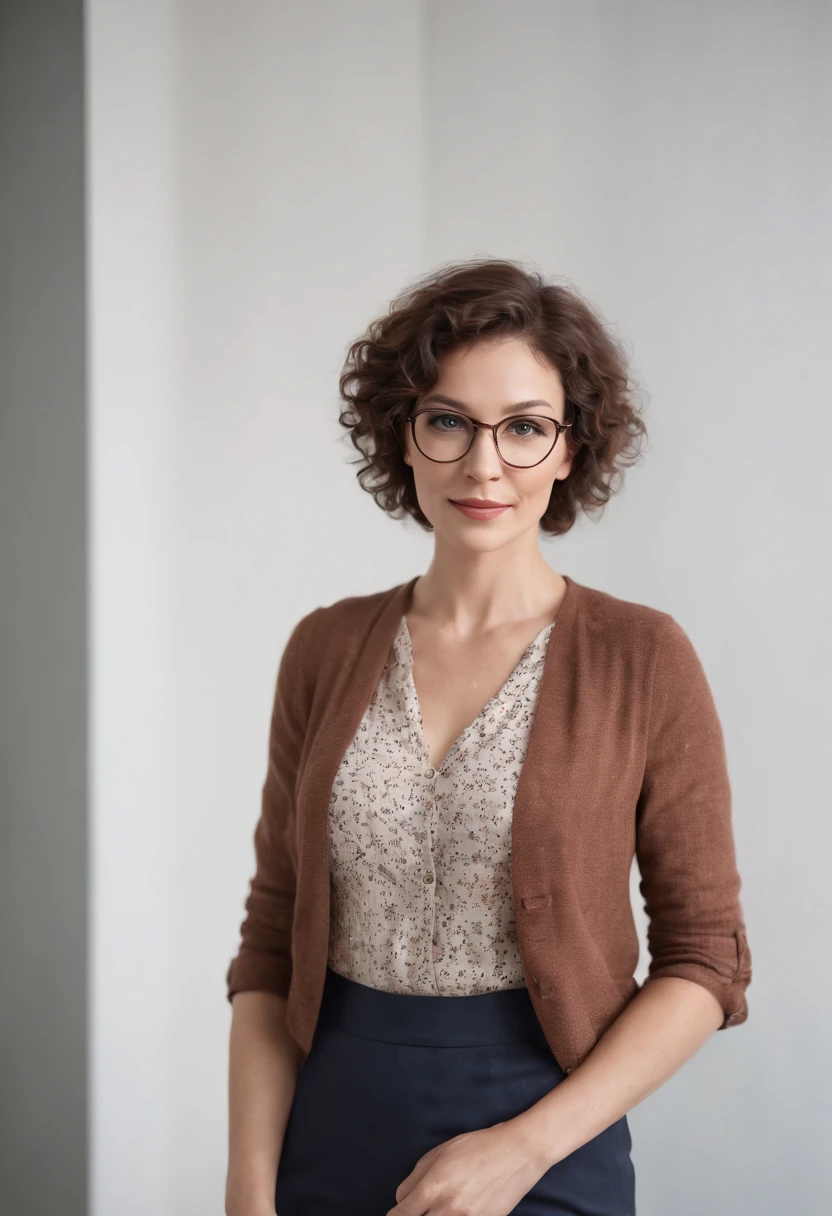 (full body), (standing against a white wall), a 40 year old woman looking into the camera, short curly hair, detailed beautiful face, slightly smiling, striped unbuttoned blouse, cleavage, action shot, glasses, empty office background, daytime, photo realistic, CG, art station, masterpiece, HD photography