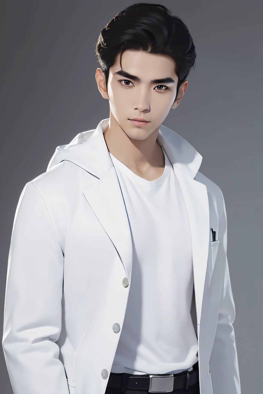(((Korea person))),((near future)),((android))thinner eyebrows,(masutepiece), Best Quality,((Narrow-eyed)) ultrdetailed,Illustration,Ultra detailed view, (Realistic),(((A dark-haired))),((((1 Young Man)))),(full body Esbian),((Researcher in white coat)),(Not wearing glasses),twinks,(light skinned),(Know),Black eyes,(gender: Natural face),((Long body)),((white shirt)),clean lab,(Beautiful fece),Cool images,(((Cool look)))