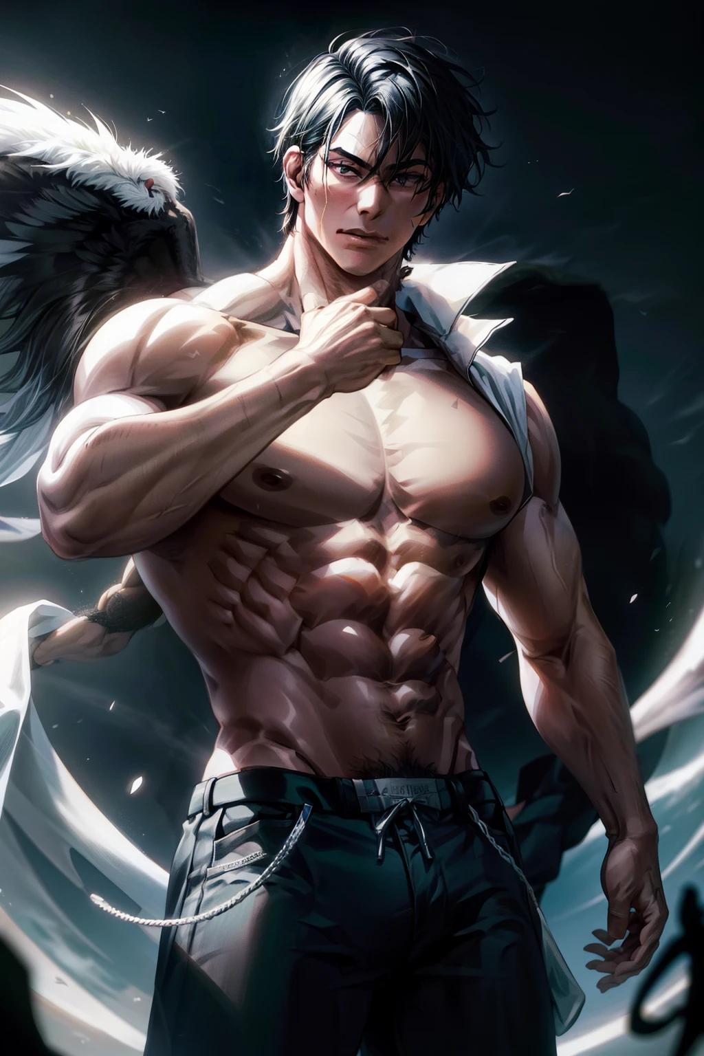 1, 25-year-old shirtless man , Calzoncillos de boxeo negros, lean muscles, Bajo porcentaje de grasa corporal, guapo, cabello negro, cabello corto, Sudor usado, Combatientes, Strong legs Abs and pectoral muscles of body hair, Cabello de azul, serio, cinematic lighting, High detail, Disparo de vaquero, Super detail, galardonado, Anatomically correct hyper muscle