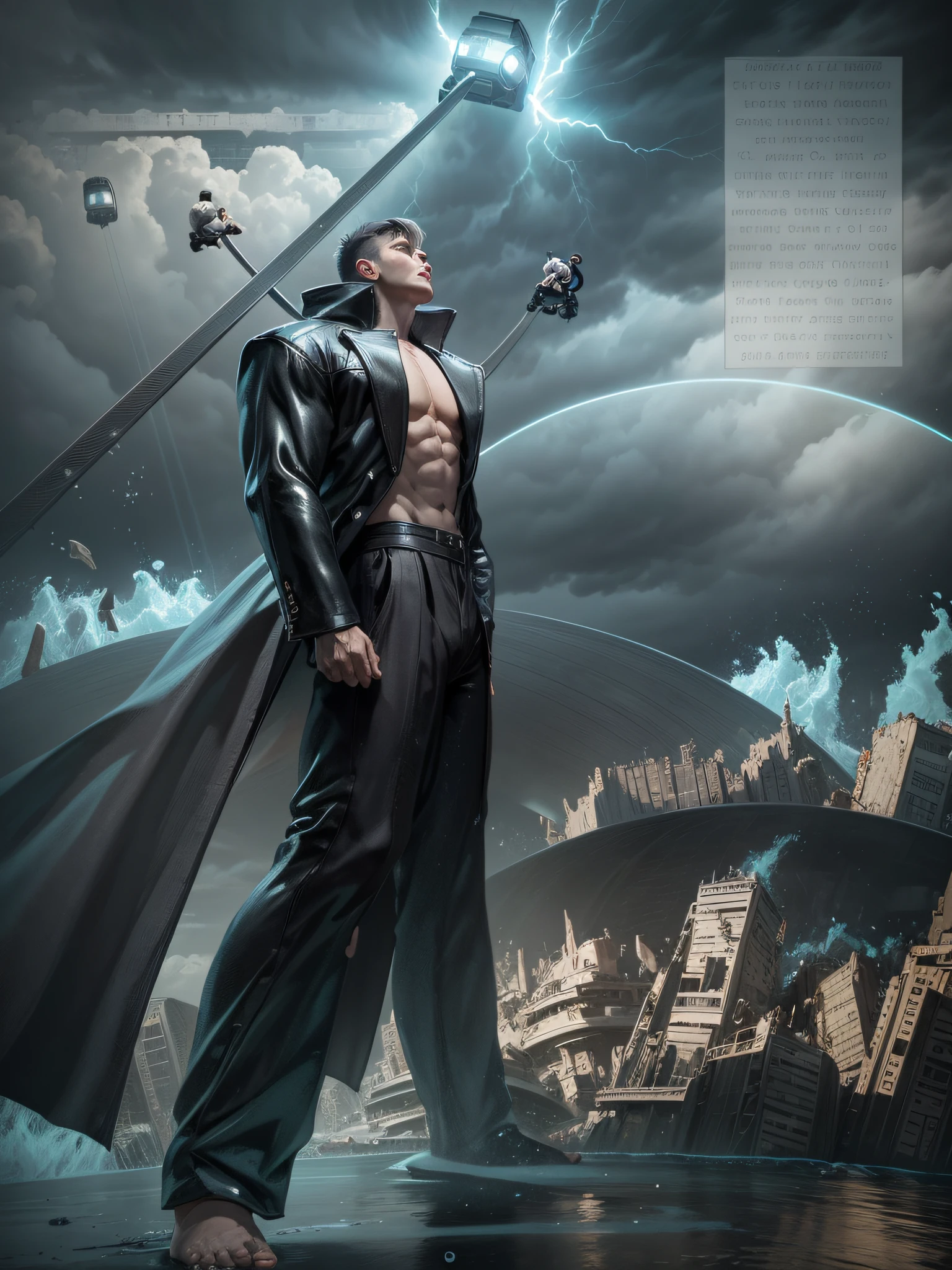Midget man, 1 boy, muscular, gray short hair, black pants, Levitate in air, ocean, storm weather