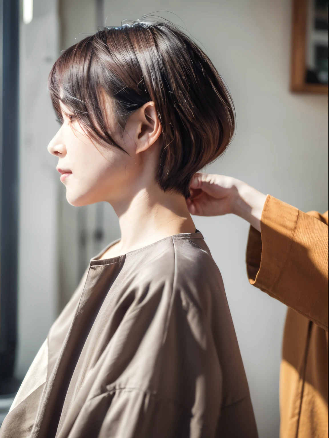 ((I have mesh in my hair))、((Highlight color hair))、8K、（RAW Photography）、（top-quality）、（Photorealsitic：1.4）Realistic to the touch Realistic、(4K high image quality:1.2)、(High resolution, masutepiece, of the highest quality, high detailing, Official: 1.4), (Realistic: 1.2, hyper realisitic: 1.1, Photorealistic: 1.37), depth of fields, (Detailed description of hair), (Detailed description of face), Incomparable beauty,, (35 years old,: 1.4)、Autumn clothes、Autumn clothes、A little depressed、(white wall room with window、Shot in a beauty salon)、natural soft light、short-hair、short shorthair、reallistic、high-level image quality、hiquality、profile、Various poses using hands、various hairstyles、profile、bob、short-cut