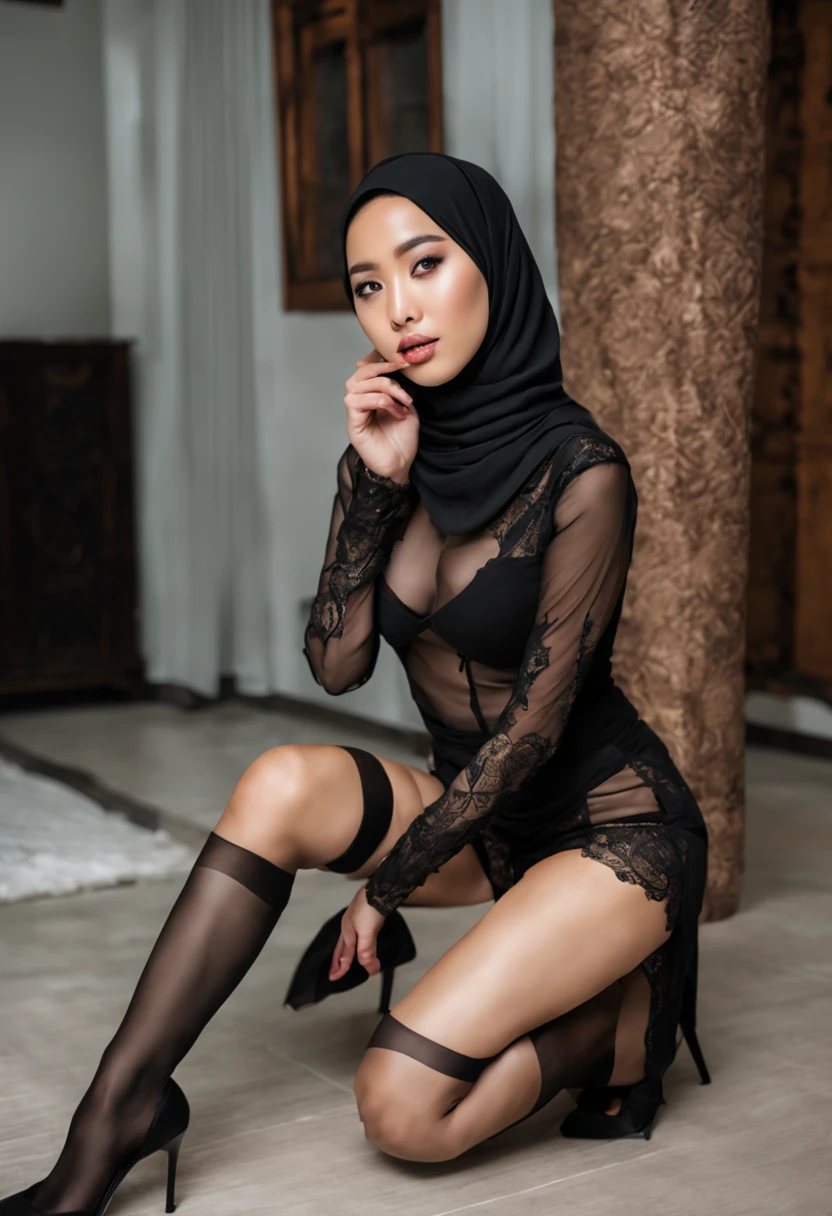 asian hijab girl,full body picture,kneel, eyes on camera, cum on face,tongue out,wearing black lingerie,wearing black stockings,wearing high heels, realistic photo
