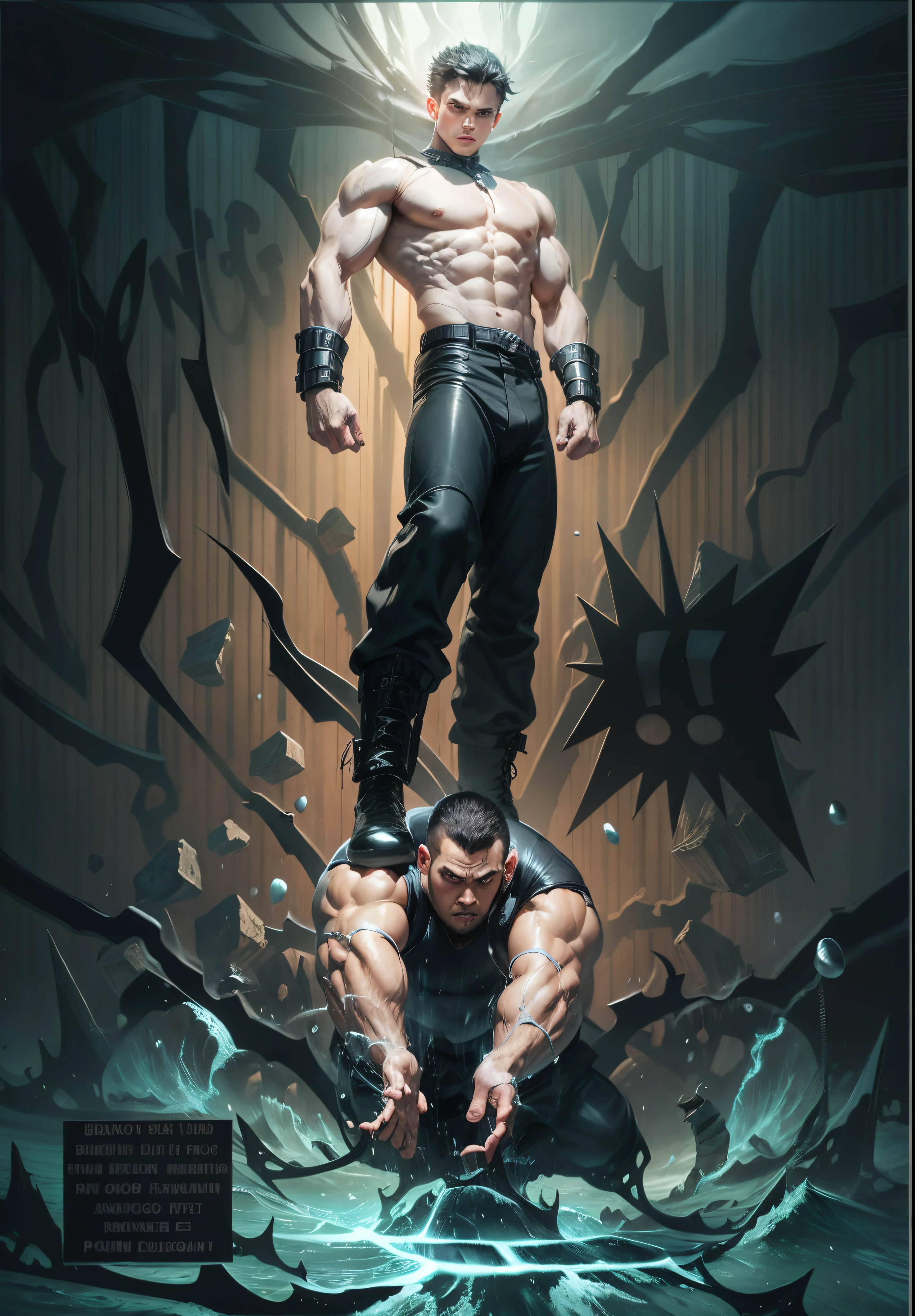 Midget man, 1 boy, muscular, gray short hair, black pants, Levitate in air, ocean, storm weather