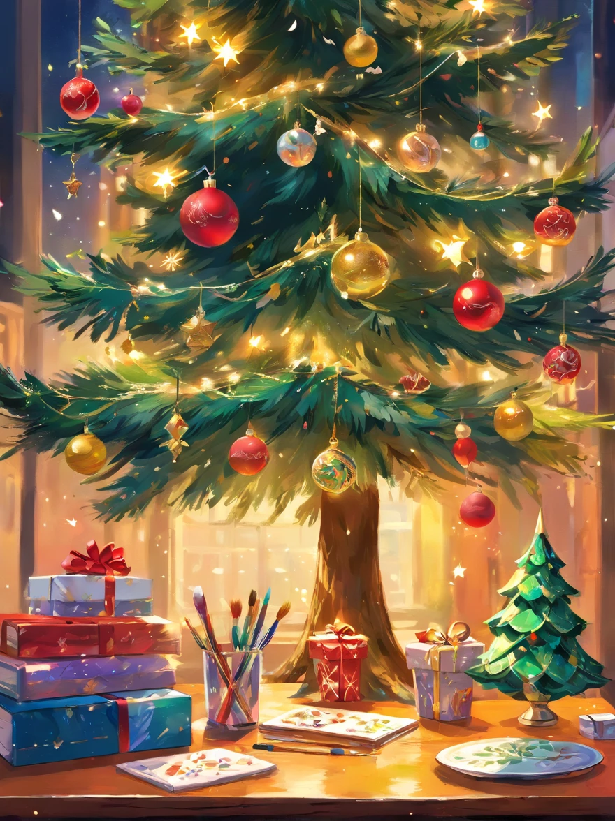 (best quality,4k,8k,highres,masterpiece:1.2),ultra-detailed,(realistic,photorealistic,photo-realistic:1.37),Christmas tree ornament,painting,brush strokes,artistic style,elegant design,detailed patterns,rich colors,sparkling highlights,glossy finish,dangling delicately,messy yet controlled,expressive strokes,thick and thin lines,layered textures,playful and whimsical,illusion of movement,blending of colors,harmonious composition,shimmering metallic accents,ornamental details,festive atmosphere,vibrant and joyful,radiant glow,glittering reflections,lively and spirited,celebrating the holiday season,an artistic masterpiece,visual delight for the eyes,unique and captivating,exquisite craftsmanship,meticulous attention to detail,making a statement,Drawings and palettes on Bestar's workbench。A tree-shaped ornament hangs from the top,Spin slowly before landing。Hanging ornaments feature bold and unique patterns and gorgeous colors,Make it the focal point of the entire tree。The movement direction and strength of the brush are captured,Revealing a chaotic yet charming painting。The green background of vegetation brings out the bright colors of the hanging ornaments,Create a joyful and festive atmosphere。Shadows and highlights enhance the depth of the image,Adds a three-dimensional feel。The whole picture exudes festive joy and brilliant light,Its unique design and production process make it a masterpiece of art,It's heartwarming。