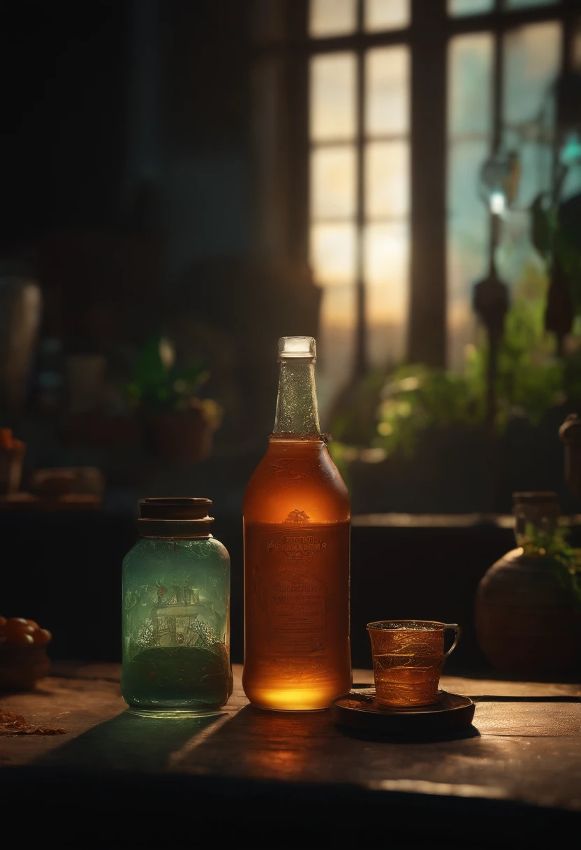 300ml bottle of probiotic drink，punky style, Ethereal, Cinematic, The light from the rear window is backlit, Creepy art station trends, ultra - detailed, Matte painting, photore, arnold renderer --test --creative --upbeta