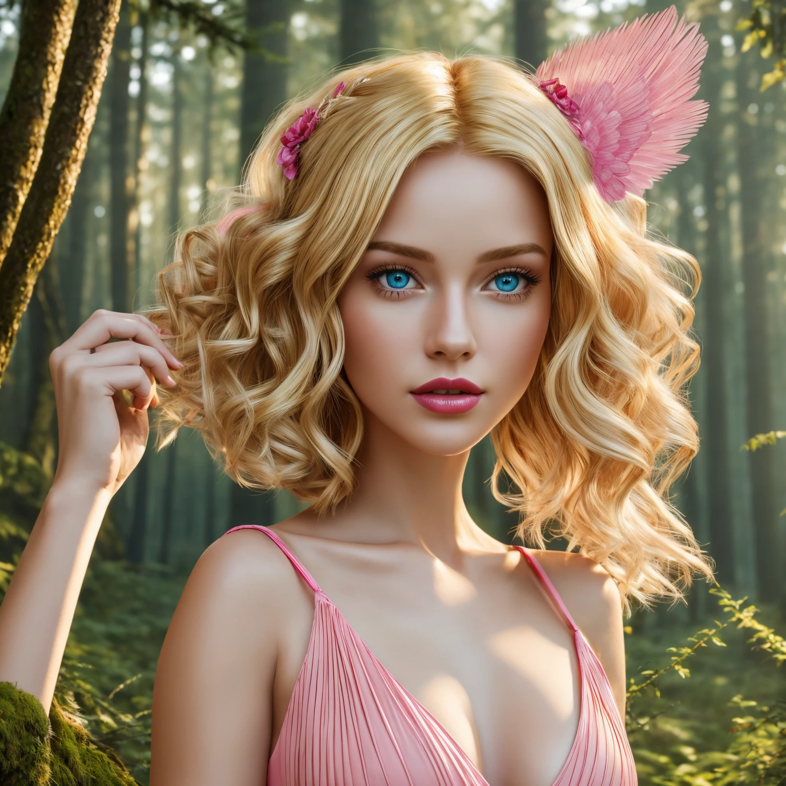Ultra detailed realistic , hd 8k quality, collage woman, Realistic character,full body, coiffed golden blonde hair, pink red skin color, realistic face textured, detailed Blue eyes, small breast, Alone, modern, pink red golden dress , pink red lipstick, ultra detailed wite golden pink hair deep realistic forest field, smooth golden sunlight, overall image full detailed, deep detailing, wings with angel golden neon ring on head (don't make naked),wearing pink red golden full dress.