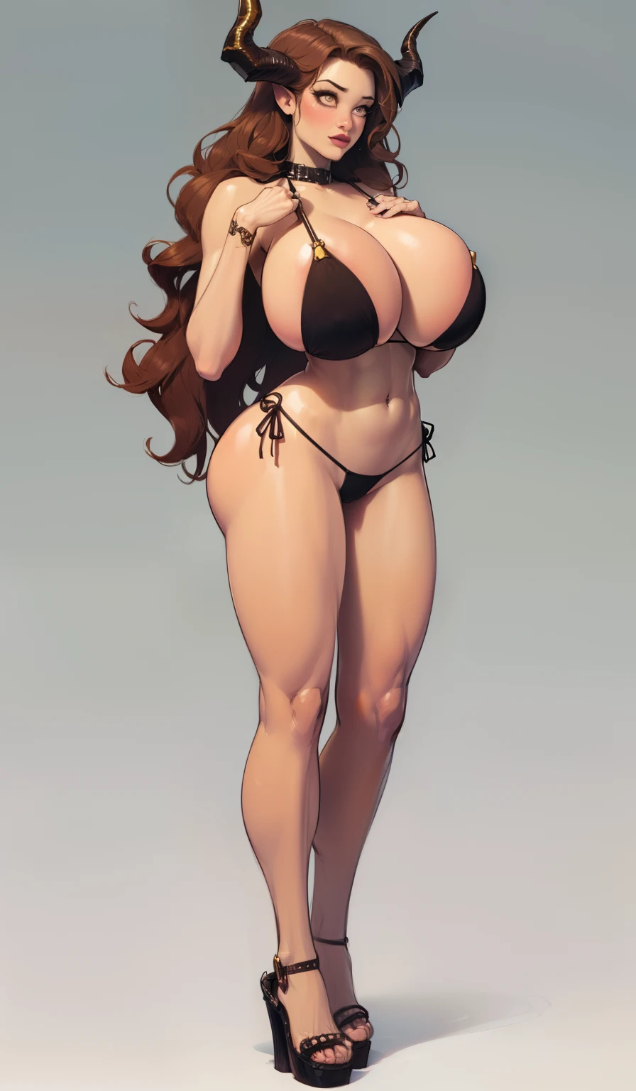 (succub), (female with horns), (horns:1.7), (((Masterpiece:1.4))), (Very detailed: 2), (Beautiful: 2), (giant breast:1.5), (long wavy brown hair: 1.6),((Masterpiece)), Highly detailed, Perfect, (Hanging black bikini:1.1), ((Cool color palette:1.3)), (full body view), ((full - body:1.7)), (Bimbo:1.4),