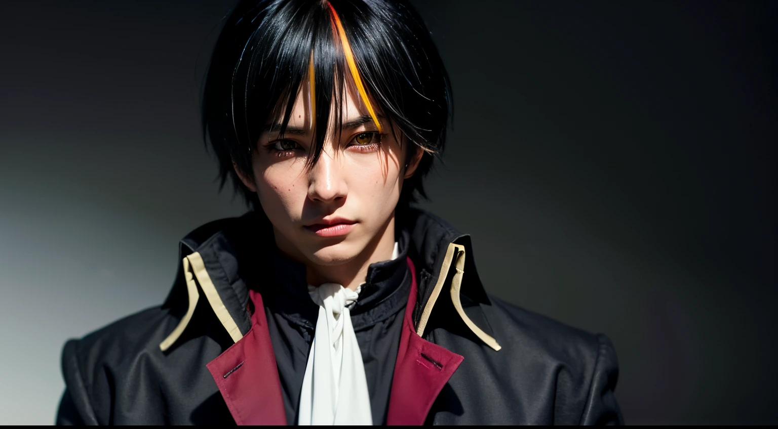 masterpiece, best quality, illustration, 1boy, solo, male focus, looking at viewer, upper body, depth of field, diablo_tensei_shitara, black hair, yellow eyes, multicolored hair, streaked hair, red hair, colored sclera, black sclera