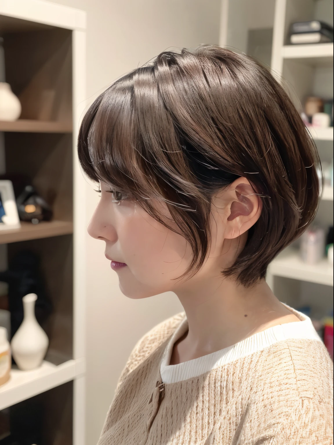 white wall、Taken in front of the white door、(窓のあるwhite wallの部屋)、(8K、Live shooting、highest quality、masterpiece:1.2)、High-definition RAW color photo、professional photos、(genuine、フォトgenuine:1.37)、Shot in natural light、1 girl、lazy smile、(various poses)、Blake is (Ombre:1.3) 、Spring clothes、 necklace、(Beautiful profile:1.3)、Don't look at the camera、profile、shortcut、((brown hair))、short hair、Eye color is dark brown、(Beautiful profile:1.3)、correct hand of human body、look down、Blouses in pastel colors、丸みのあるshort hair