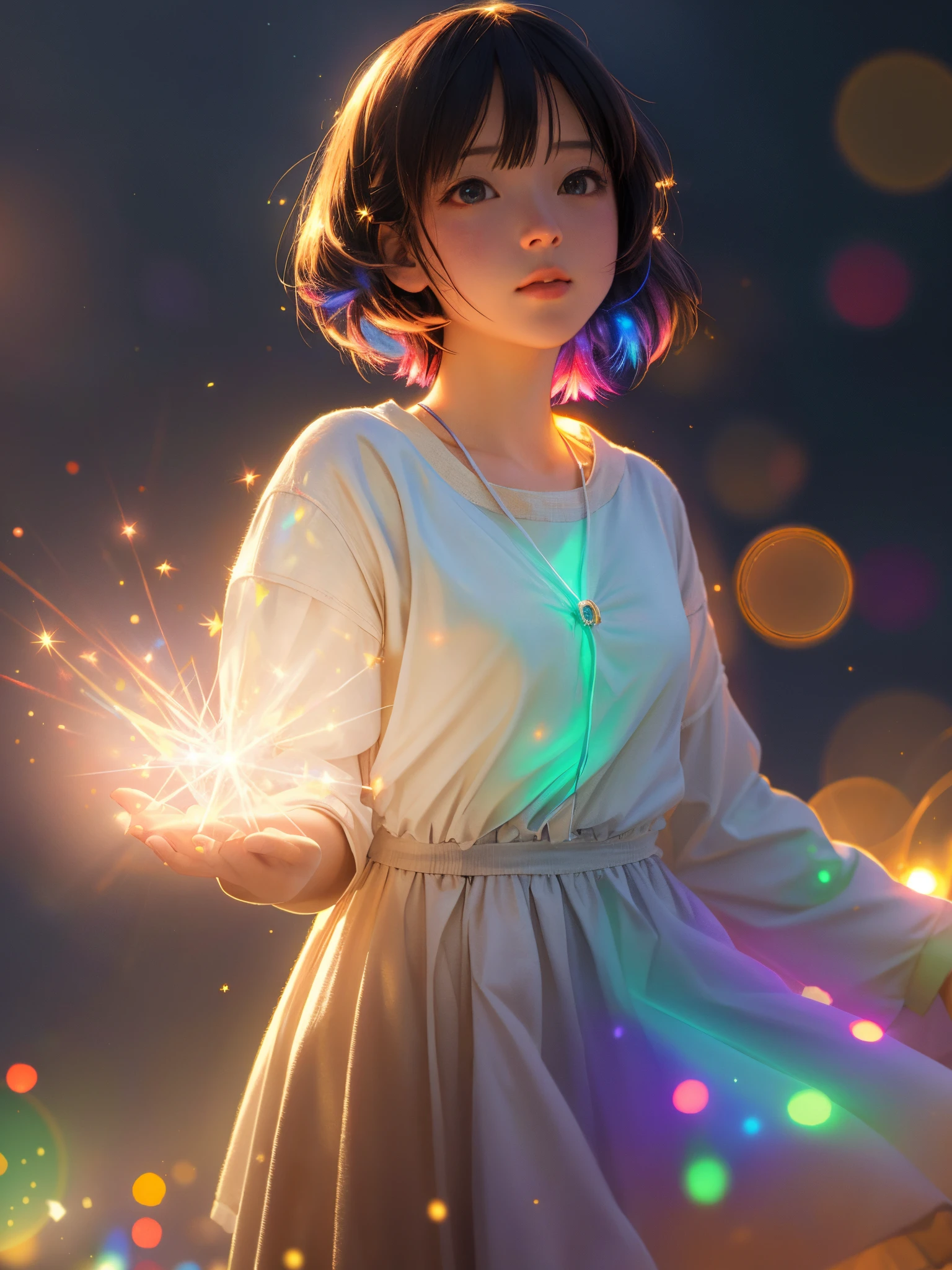 (best quality, masterpiece:1.2),ultra detailed,(photo realistic:1.4),solo,cute girl,(colorful illumination:1.1),light_particles, summon,on hand,luminescence_circle_background,