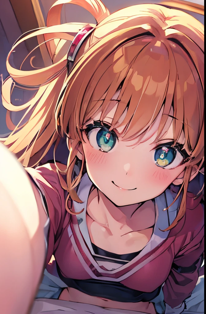 ((masterpiece)), ((best quality)), (ultra-detailed), anime style, look down from above, on the bed, a cute girl, 1girl, solo, underwear00, ((beautiful eyes)), smile