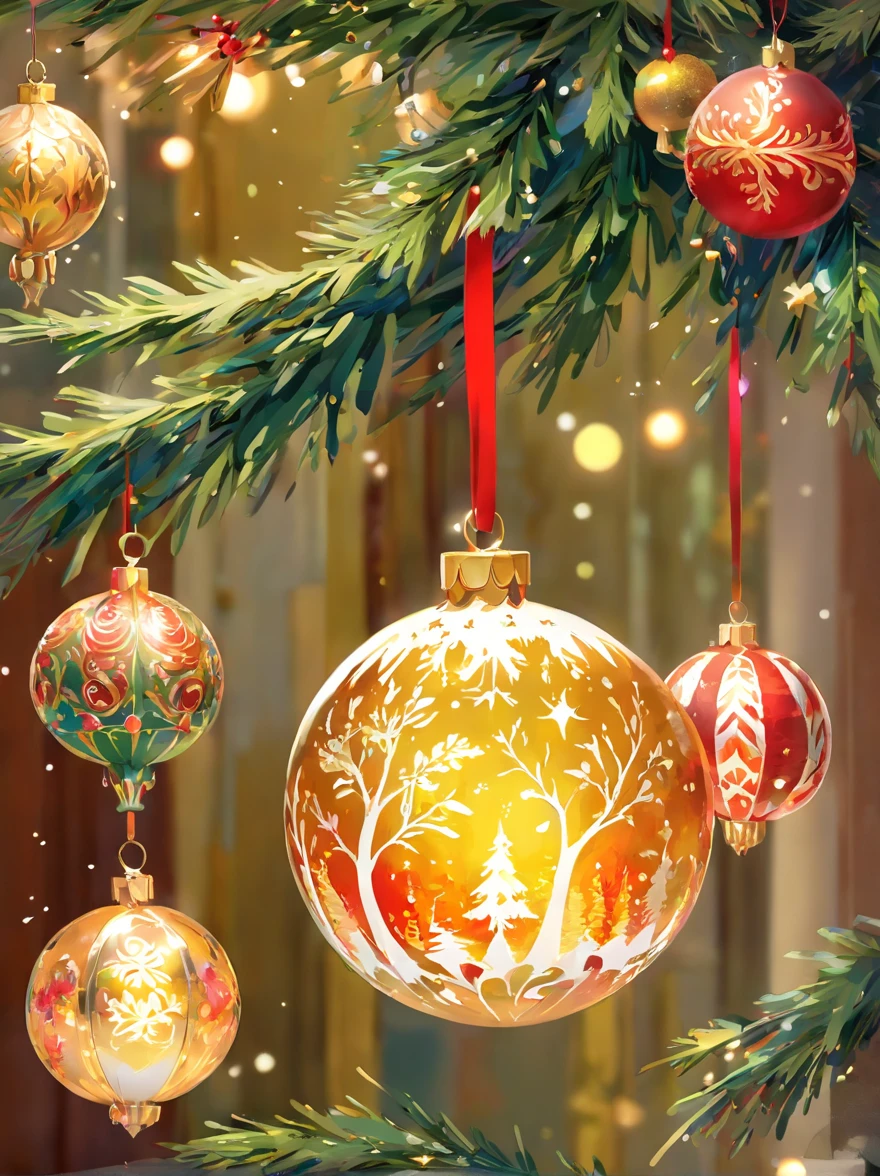 (best quality,4k,8k,highres,masterpiece:1.2),ultra-detailed,(realistic,photorealistic,photo-realistic:1.37),Christmas tree ornament,painting,brush strokes,artistic style,elegant design,detailed patterns,rich colors,sparkling highlights,glossy finish,dangling delicately,messy yet controlled,expressive strokes,thick and thin lines,layered textures,playful and whimsical,illusion of movement,blending of colors,harmonious composition,shimmering metallic accents,ornamental details,festive atmosphere,vibrant and joyful,radiant glow,glittering reflections,lively and spirited,celebrating the holiday season,an artistic masterpiece,visual delight for the eyes,unique and captivating,exquisite craftsmanship,meticulous attention to detail,making a statement,Drawings and palettes on Bestar's workbench。A tree-shaped ornament hangs from the top,Spin slowly before landing。Hanging ornaments feature bold and unique patterns and gorgeous colors,Make it the focal point of the entire tree。The movement direction and strength of the brush are captured,Revealing a chaotic yet charming painting。The green background of vegetation brings out the bright colors of the hanging ornaments,Create a joyful and festive atmosphere。Shadows and highlights enhance the depth of the image,Adds a three-dimensional feel。The whole picture exudes festive joy and brilliant light,Its unique design and production process make it a masterpiece of art,It's heartwarming。