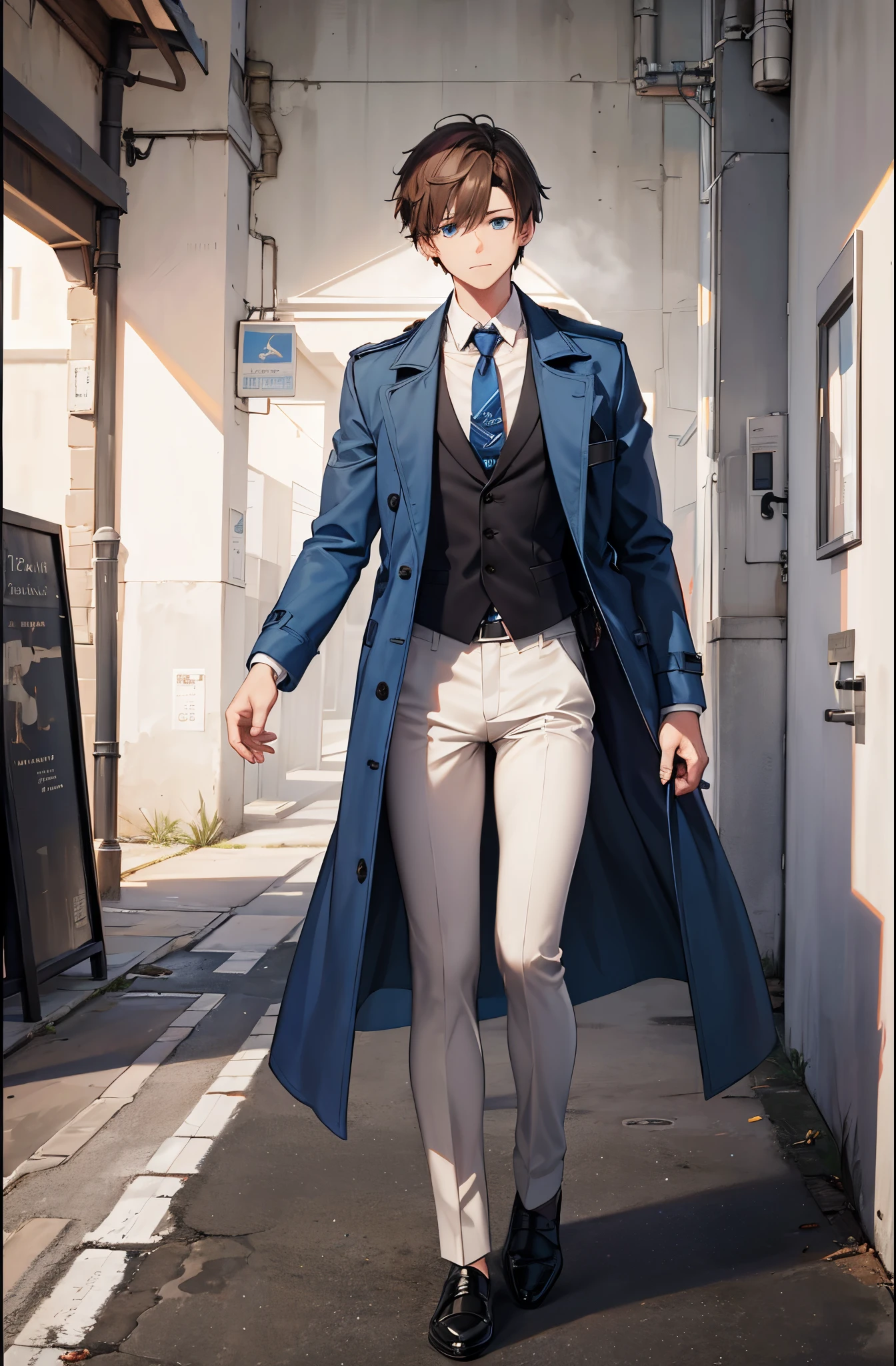 1man, short brown hair, blue eyes, blue trench coat, white pants, black shirt, tie, vest, standing on ground, high res, ultra sharp, 8K, masterpiece
