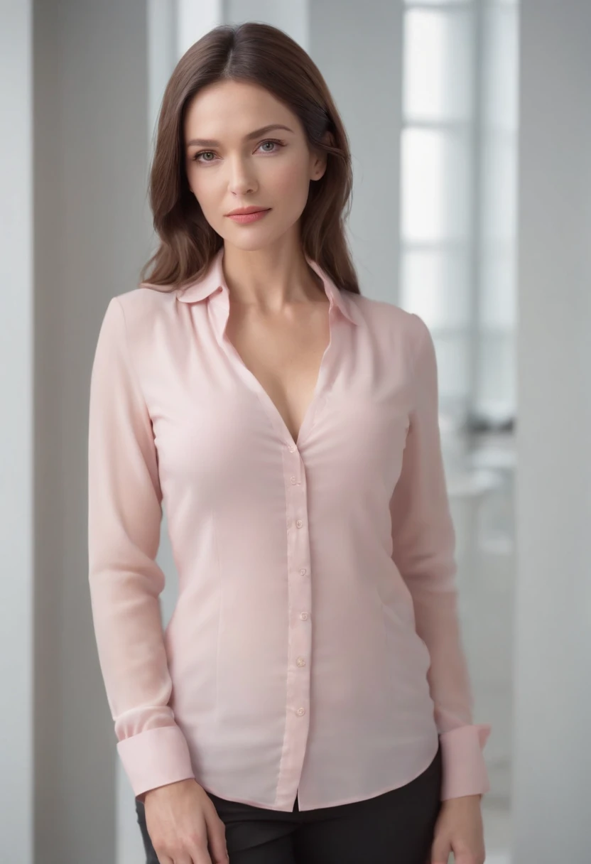 (full body), (standing against a white wall), a 40 year old woman looking into the camera, long straight hair, detailed beautiful face, slightly smiling, pink unbuttoned blouse, cleavage, action shot, glasses, empty office background, daytime, photo realistic, CG, art station, masterpiece, HD photography