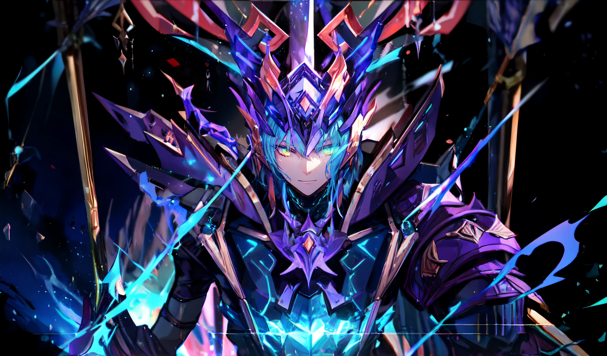 a man with corrupted scales, intense (closeup:1.4), face, eyes, upper body, ultra detailed, extremely detailed sketch, glowing eyes, official league of legends art, One of the ancient darkin, Varus was a deadly killer who loved to torment his foes, driving them almost to insanity before delivering the killing arrow. He was imprisoned at the end of the Great Darkin War, but escaped centuries later in the remade flesh of two Ionian hunters—they had unwittingly released him, cursed to bear the bow containing his bound essence. Varus now seeks out those who trapped him, in order to enact his brutal vengeance, but the mortal souls within still resist him every step of the way