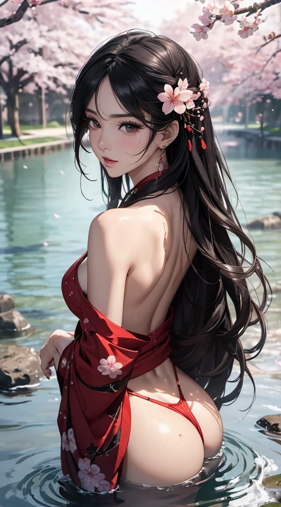 (((8k wallpaper of extremely detailed CG unit, masterpiece, 超A high resolution:1.2, top-quality:1.2, masutepiece))), ((very beautiful naked woman, Not wearing underwear:1.8, Face your butt to the viewer, My butt is half submerged in water.., sad Facial expression)), ((extra detailed face, Highly detailed black eyes, extra detailed body, Top quality real texture skins)), (cabelos preto e longos, Light pink eyeshadow:1.2, de pele branca, Sexy black and red kimono:1.2, Exposed buttocks, back and shoulders exposed), ((plein air, cherry trees, Cherry blossom petals floating on the surface of the water)), hyper realisitic, digitial painting,