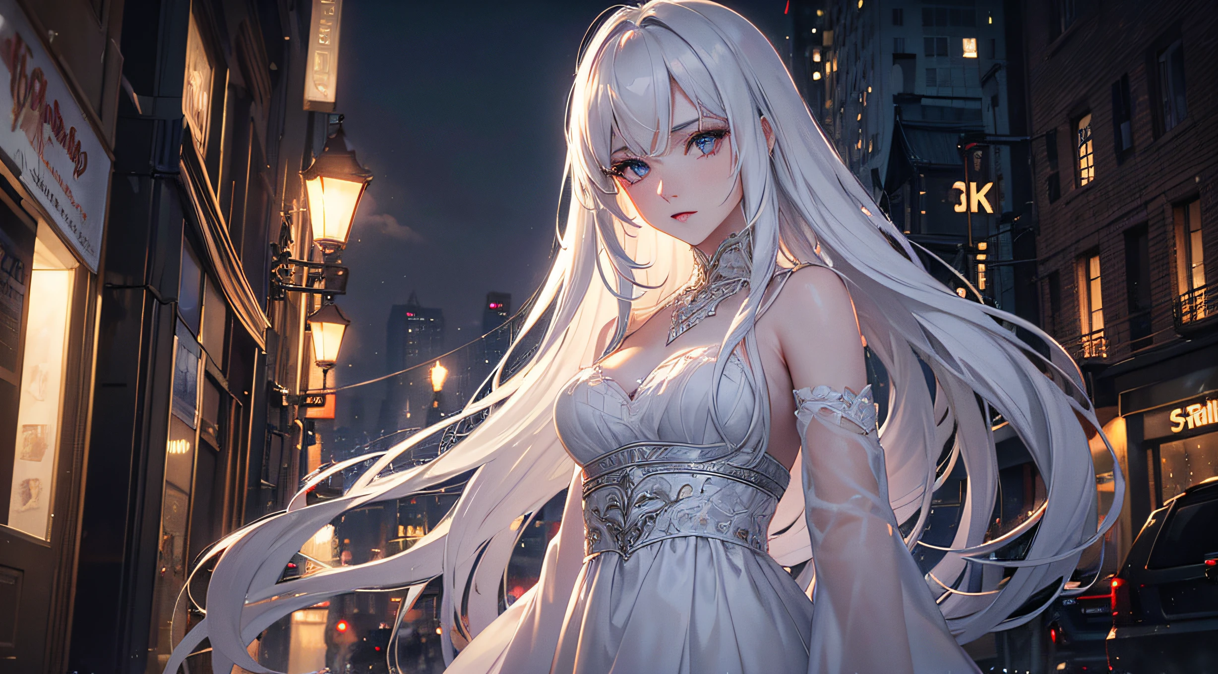 (best quality,4k,8k,highres,masterpiece:1.2),ultra-detailed,(realistic,photorealistic,photo-realistic:1.37), long white hair flowing,short dress,white dress,beautiful detailed eyes,beautiful detailed lips,extremely detailed eyes and face,long eyelashes,city at night,vampire,linda,nighttime cityscape,vivid colors,gloomy atmosphere,gothic style,pale skin,moonlight shining,starlit sky,dark shadows,elegant posture,determined expression,urban setting,tall buildings,twinkling lights,streets filled with mist and fog,rainy weather,mysterious aura,haunting beauty,high contrast lighting,reflections on wet pavement,depth and dimension to the image,shimmering highlights,dramatic angle,city lights reflected in her eyes,soft glow from street lamps,subtle bluish tint,subdued warm tones,sensual and alluring,nightlife,femme fatale,romantic atmosphere,rich textures and details,elaborate costume design