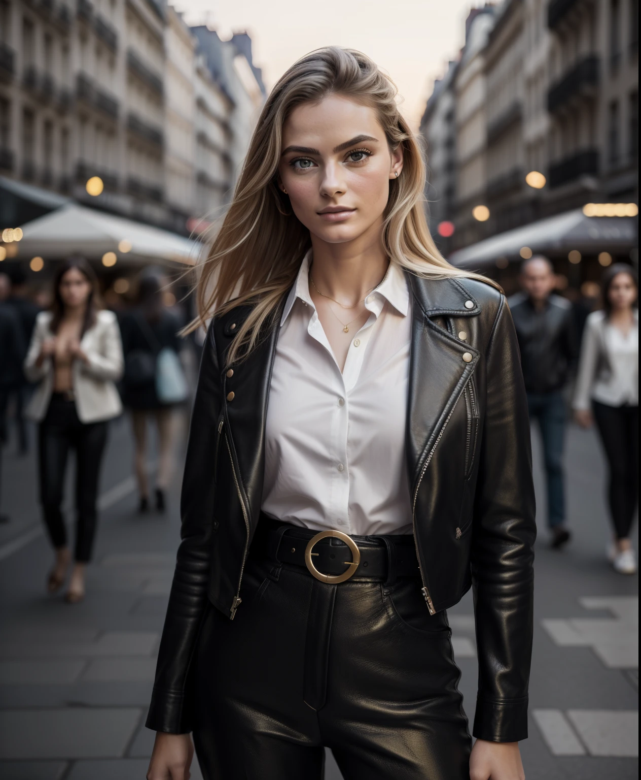 (masterpiece, photorealistic), (F/1.4, Sony a7R IV) raw, portrait of an attractive European supermodel girl, full view, wearing a very fashionable and creative and rare black leather jacket and a white striped shirt under a fashionable suit and Brown belt, standing on the street with a very famous pose, photography and modeling pose, modeling pose, monitor and New York Times street, cities in the background and passersby in the background and bokeh, very detailed and symmetrical face, detailed lips, belt, detailed eyes, perfect legs, paris city background and sunset and sunset golden sky, bokeh, precise finger, wonderful and creative pose, real photo, busy street, kodak, old cinema colors, super detailed details, Slow shutter speed, stretched lights and movement, bokeh, crowd of people in the background, blonde woman, 21 years old