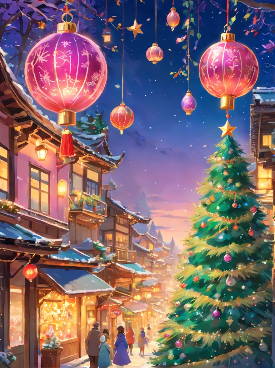 (best quality,4k,8k,highres,masterpiece:1.2),ultra-detailed,(realistic,photorealistic,photo-realistic:1.37),Christmas tree ornament,painting,brush strokes,artistic style,elegant design,detailed patterns,rich colors,sparkling highlights,glossy finish,dangling delicately,messy yet controlled,expressive strokes,thick and thin lines,layered textures,playful and whimsical,illusion of movement,blending of colors,harmonious composition,shimmering metallic accents,ornamental details,festive atmosphere,vibrant and joyful,radiant glow,glittering reflections,lively and spirited,celebrating the holiday season,an artistic masterpiece,visual delight for the eyes,unique and captivating,exquisite craftsmanship,meticulous attention to detail,making a statement,Drawings and palettes on Bestar's workbench。A tree-shaped ornament hangs from the top,Spin slowly before landing。Hanging ornaments feature bold and unique patterns and gorgeous colors,Make it the focal point of the entire tree。The movement direction and strength of the brush are captured,Revealing a chaotic yet charming painting。The green background of vegetation brings out the bright colors of the hanging ornaments,Create a joyful and festive atmosphere。Shadows and highlights enhance the depth of the image,Adds a three-dimensional feel。The whole picture exudes festive joy and brilliant light,Its unique design and production process make it a masterpiece of art,It's heartwarming。pink and purple tones